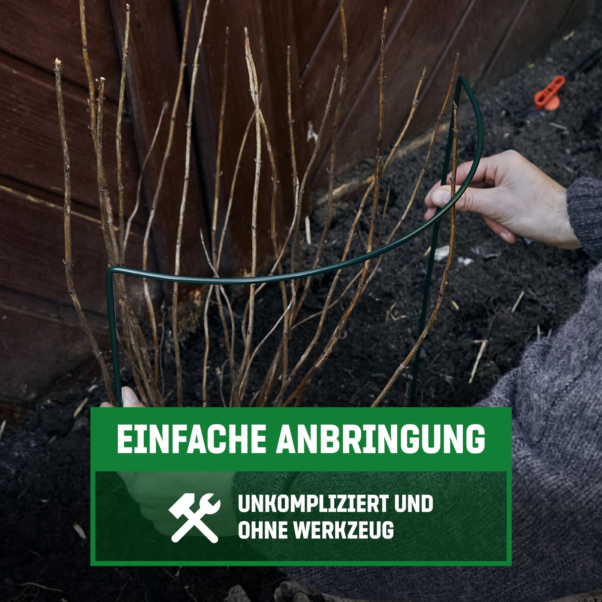 Person setzt grünen Metallbogen in den Boden um vertrocknete Pflanzenstängel.
