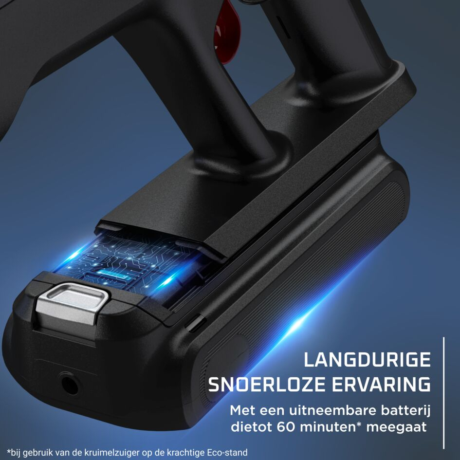 Aspirapolvere portatile nero con batteria rimovibile che mostra circuiti elettronici luminosi.