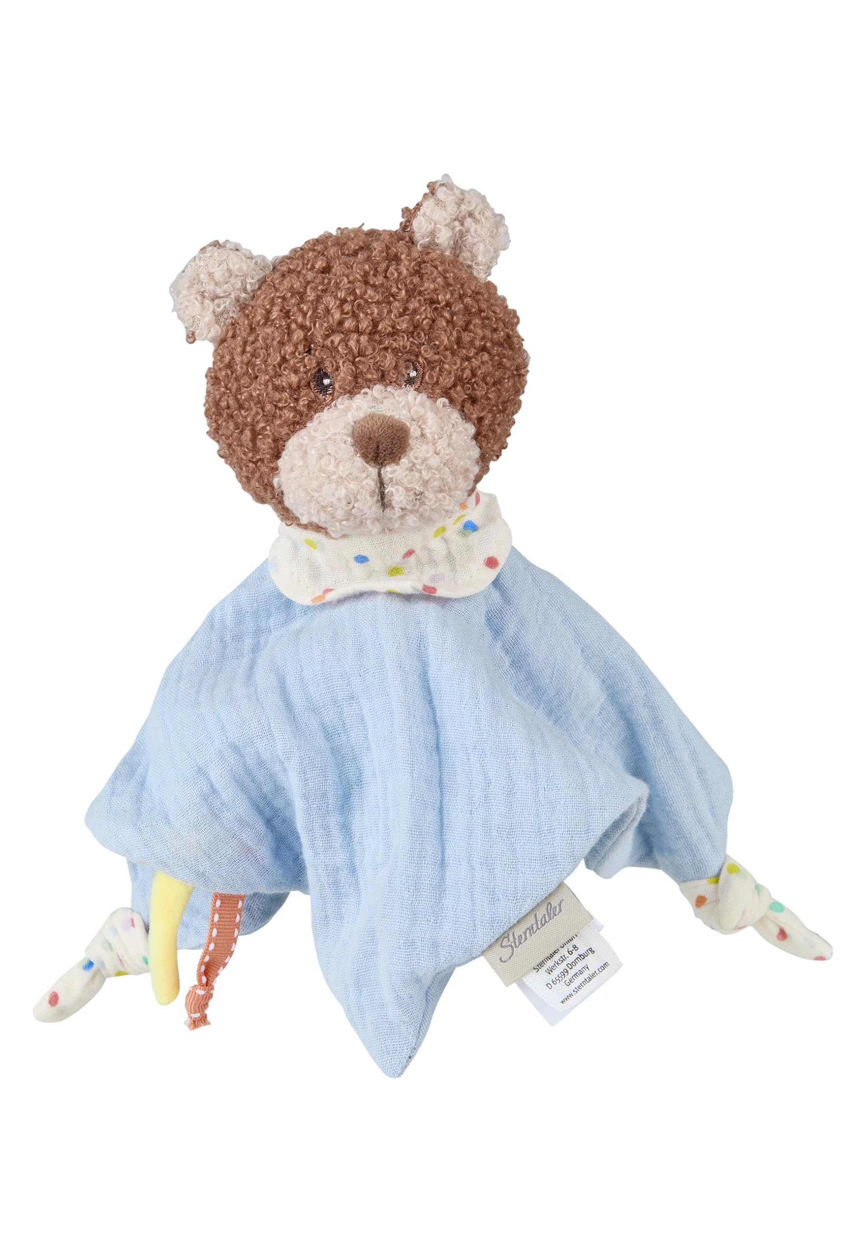 Ein Plüsch-Teddybär-Schnuffeltuch in Blau mit gepunktetem Kragen auf weißem Hintergrund.
