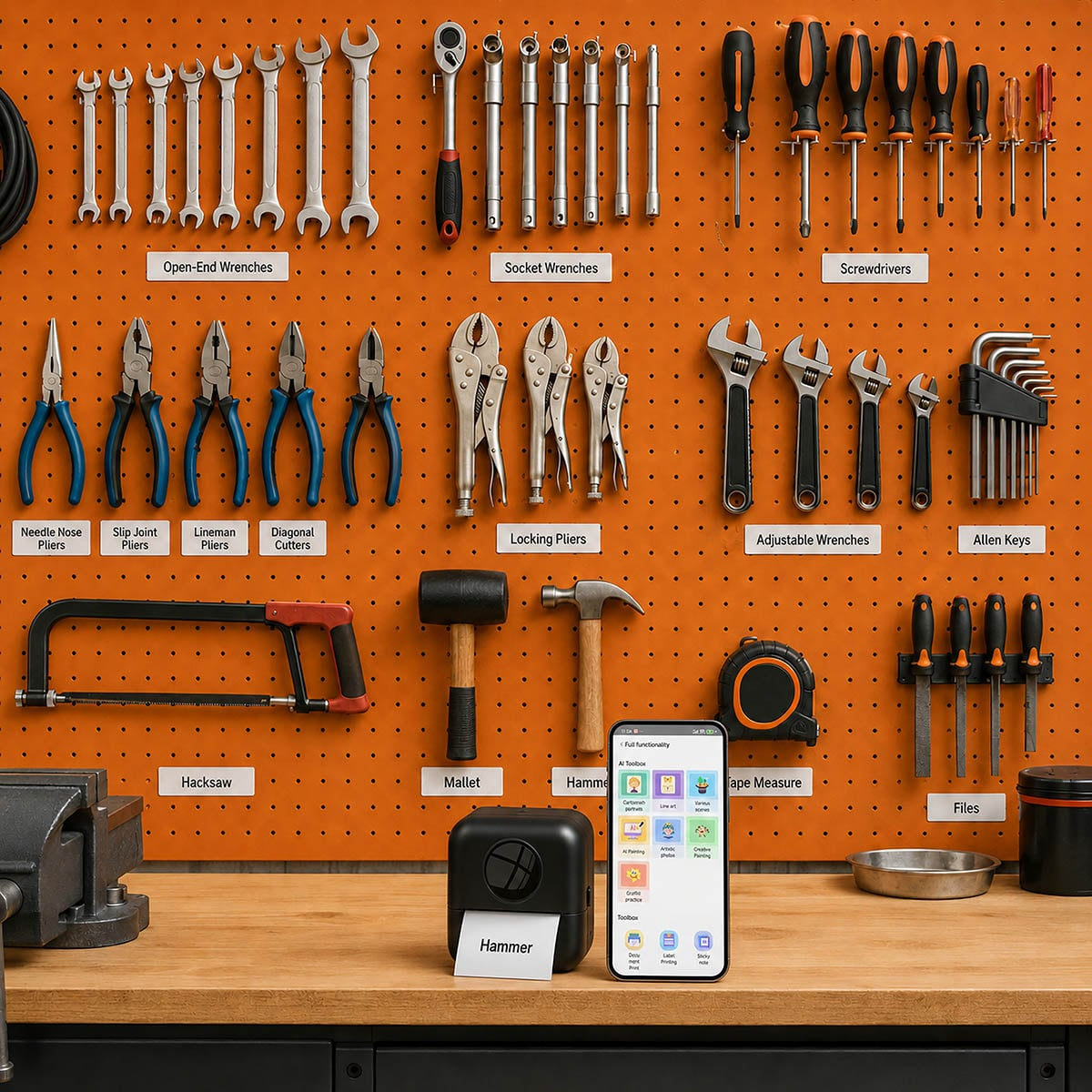 Eine orangefarbene Werkzeugwand mit verschiedenen Handwerkzeugen, einem Etikettendrucker und einem Smartphone auf einem Holztisch.
