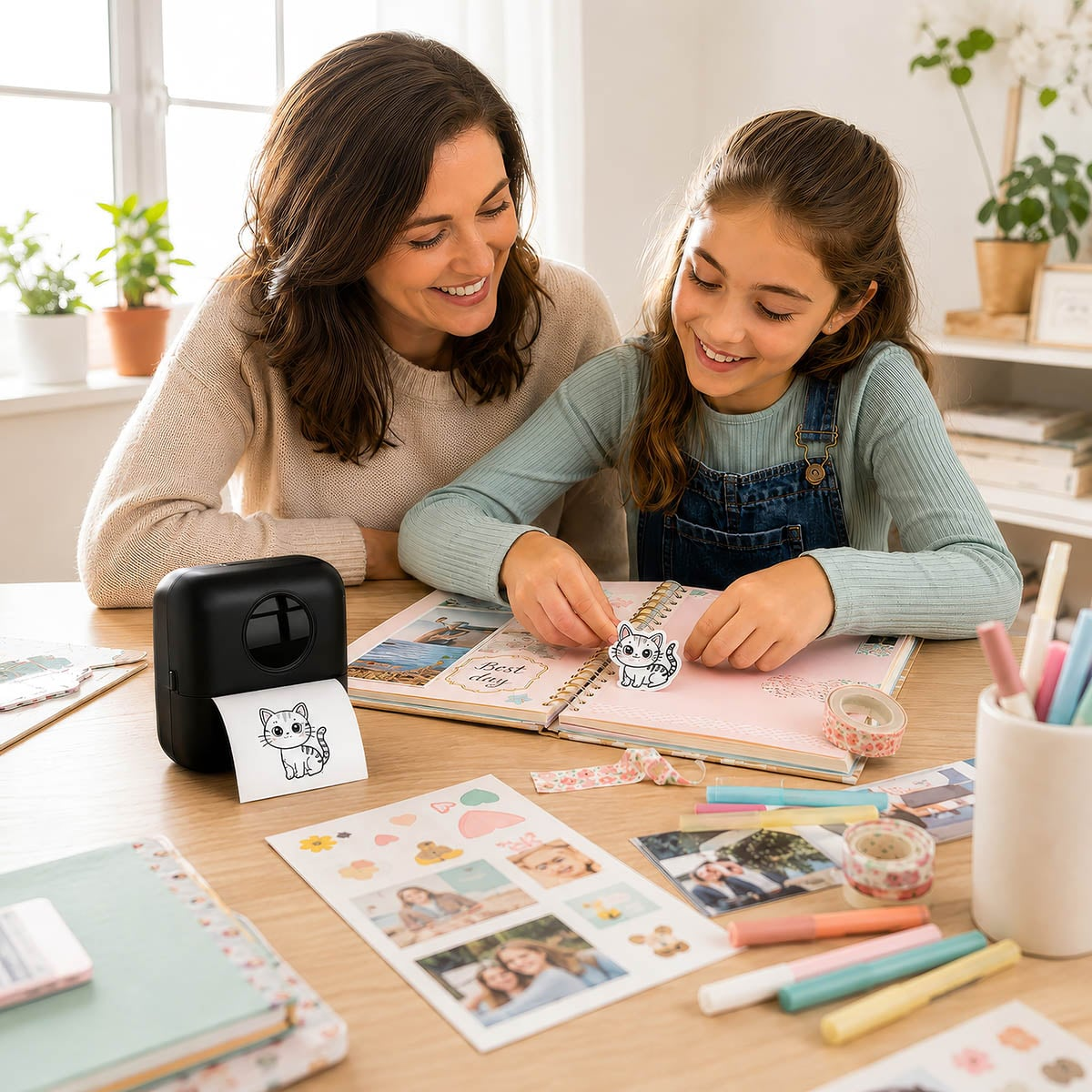 Mutter und Tochter basteln gemeinsam an einem Tisch mit Mini-Drucker, Fotos und Stickern.