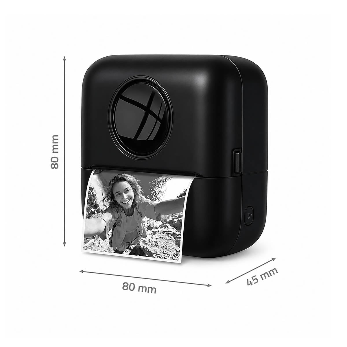 Kompakter schwarzer Mini-Drucker mit Abmessungen von 80x80x45 mm und einem ausgedruckten Schwarz-Weiss-Foto.