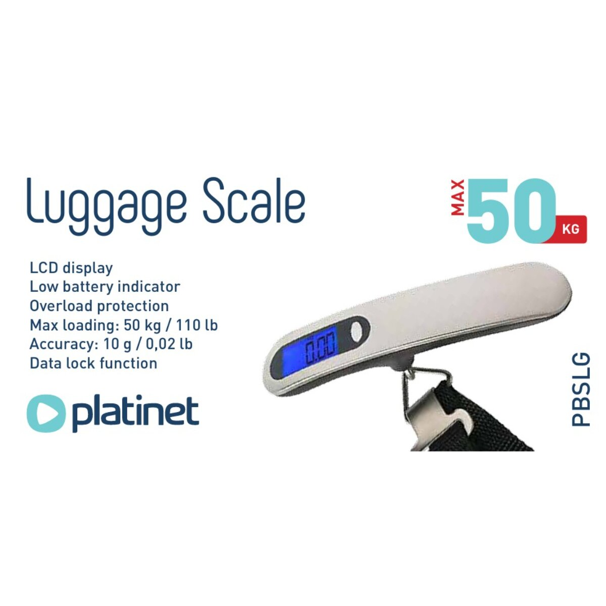 Platinet Kofferwaage mit LCD-Display, 50 kg max. Last und Funktionsliste auf weißem Hintergrund.