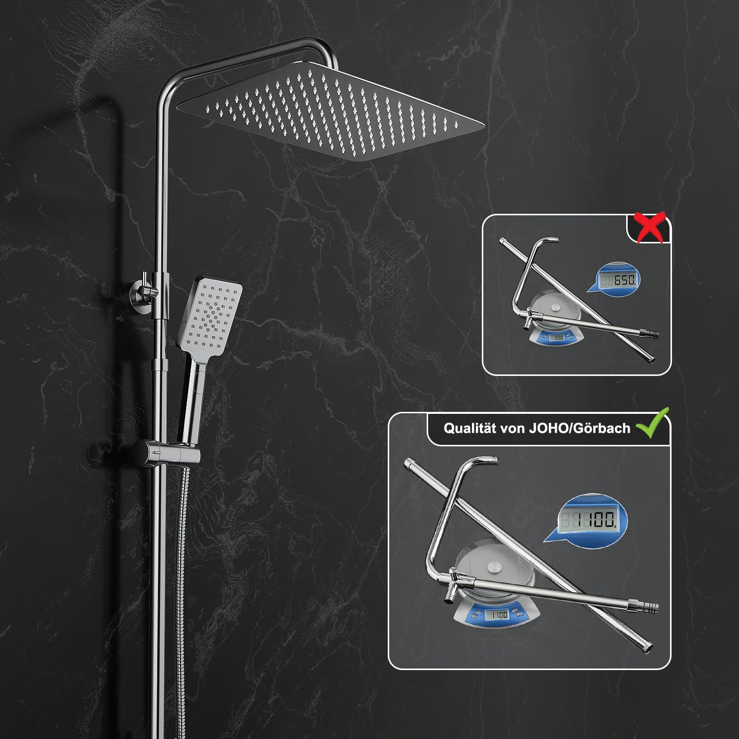 Glänzendes Duschsystem mit Regendusche, Handbrause und Vergleichsbildern zum Gewicht.