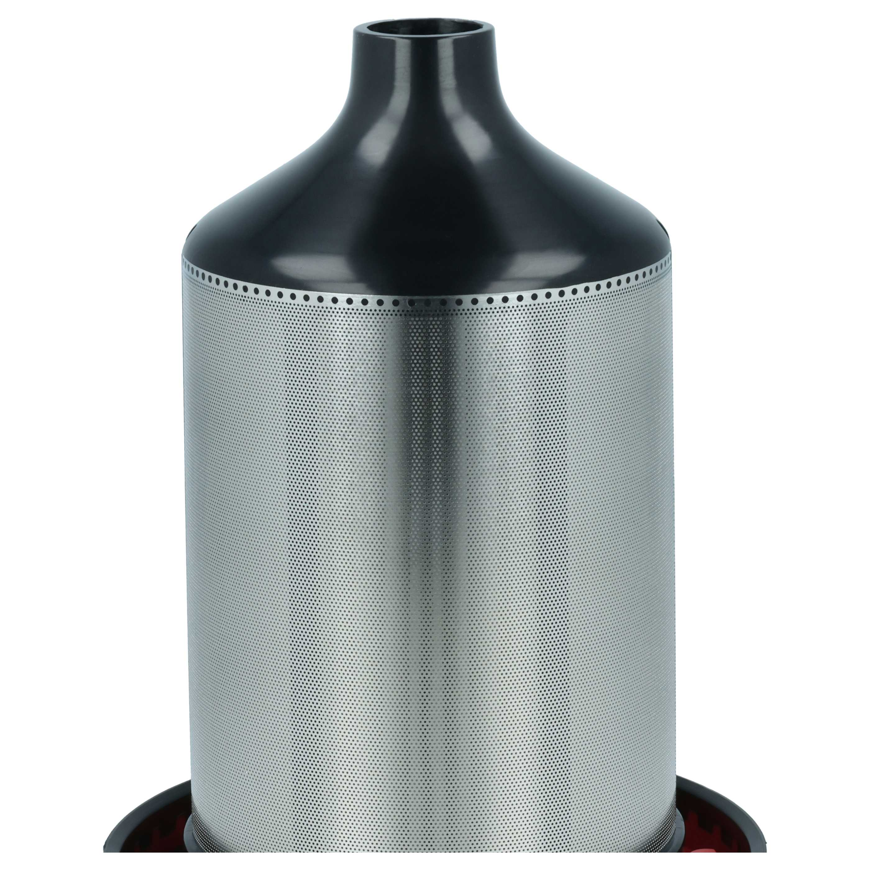 Ein zylindrischer Filter mit einem perforierten Metallgitter und einer schwarzen Plastikoberseite auf weißem Grund.