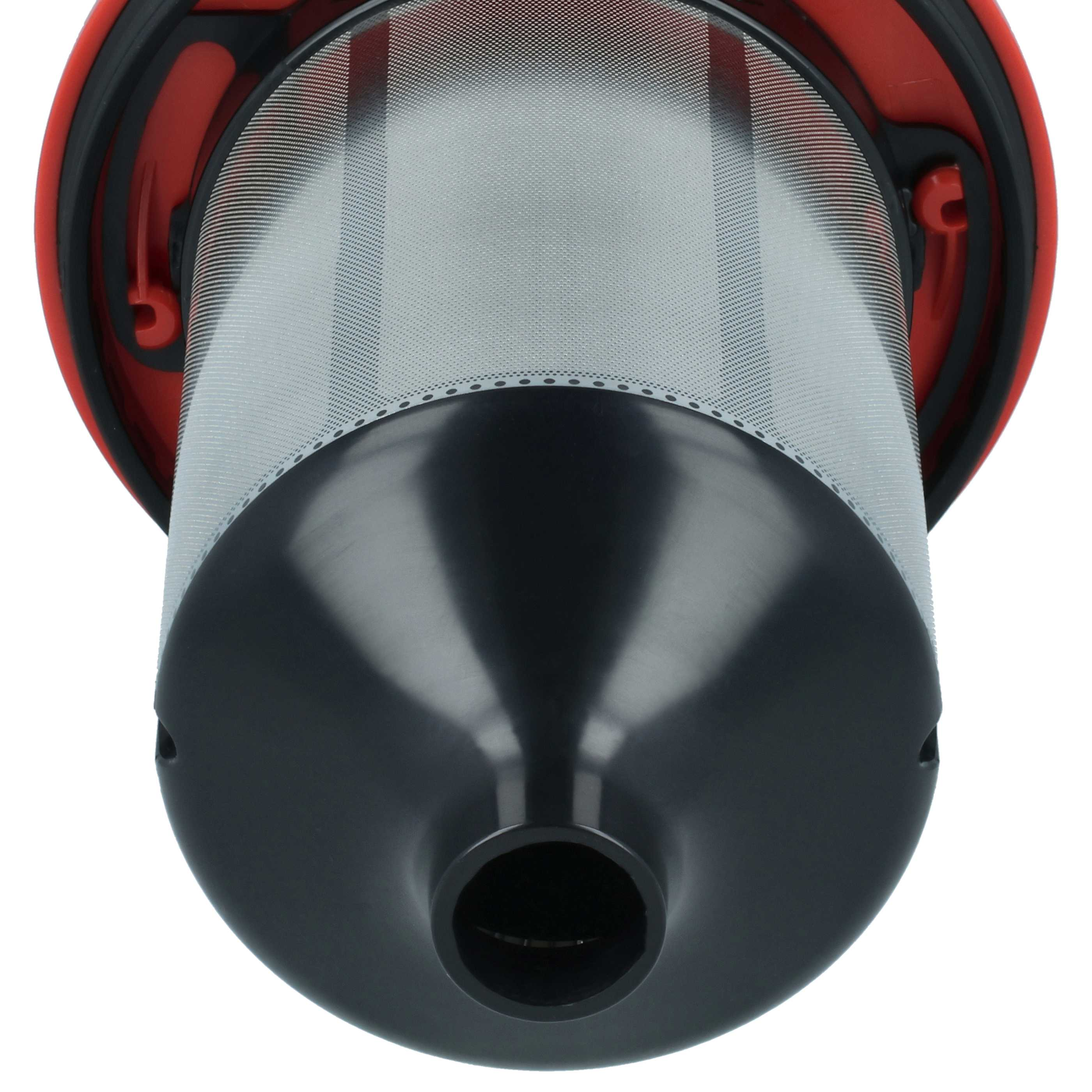 Ein zylindrischer Filter mit einem feinen Metallnetz, einem schwarzen kegelförmigen Ende und rotem Rahmen.