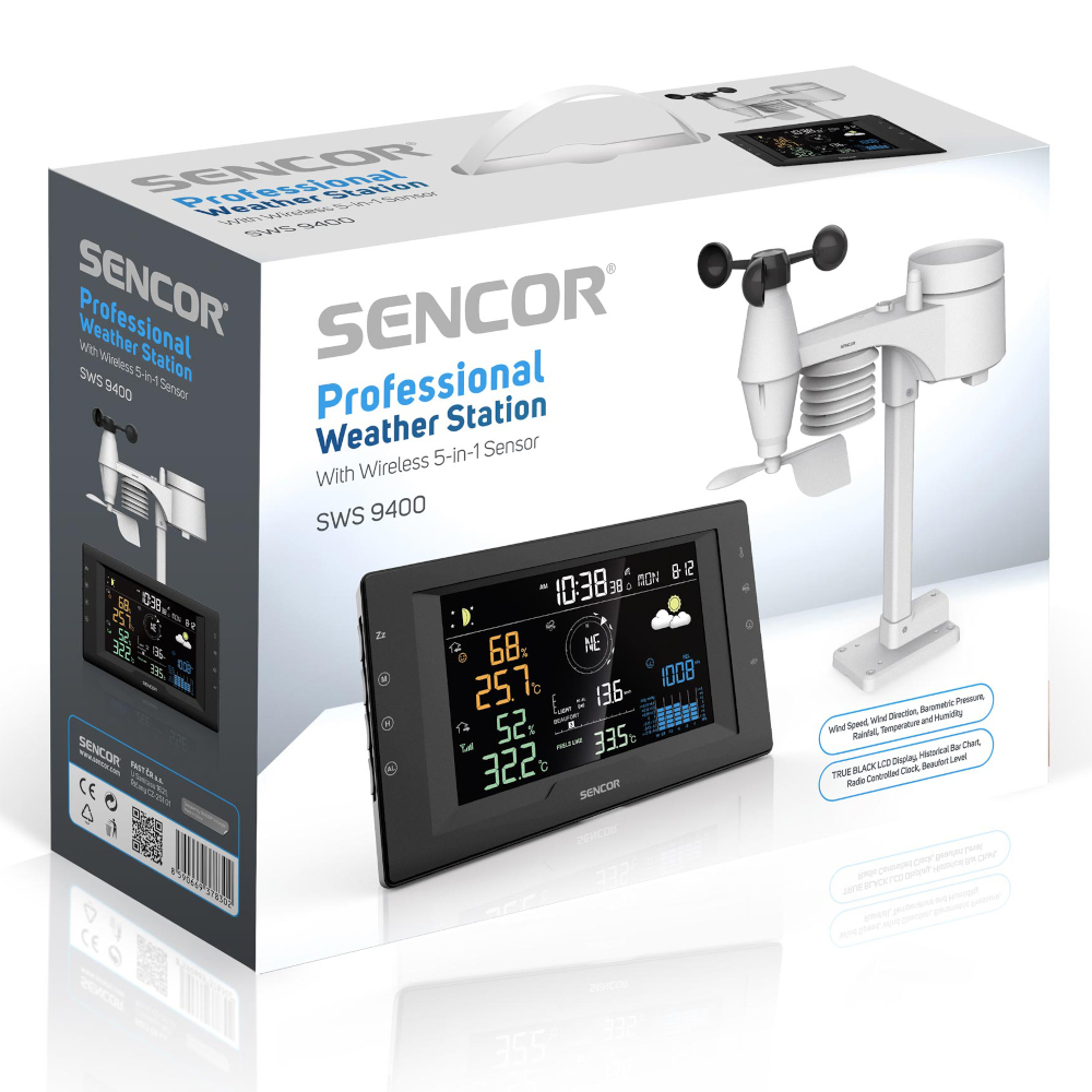 Sencor Profi-Wetterstation in Verpackung mit Display und Funksensor.