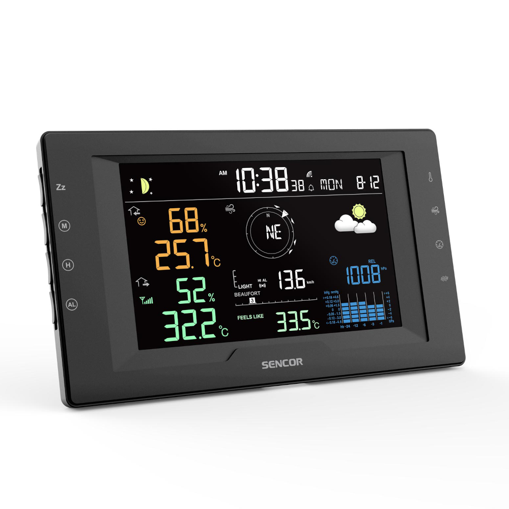 Schwarze digitale Wetterstation mit farbigem Display zeigt Zeit, Temperatur, Luftfeuchtigkeit und Wetter an.