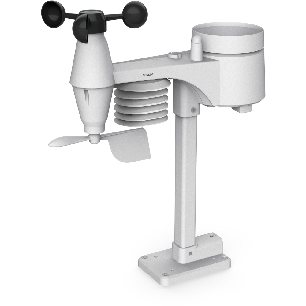 Eine weiße Sencor-Wetterstation auf einem Standfuß mit Windmesser, Regsammler und Sensoren.