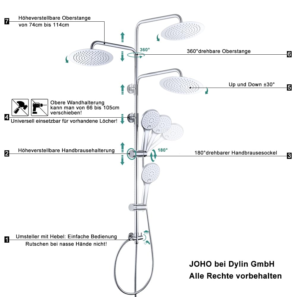 Technische Zeichnung einer höhenverstellbaren Duschsäule mit verschiedenen Einstellmöglichkeiten.