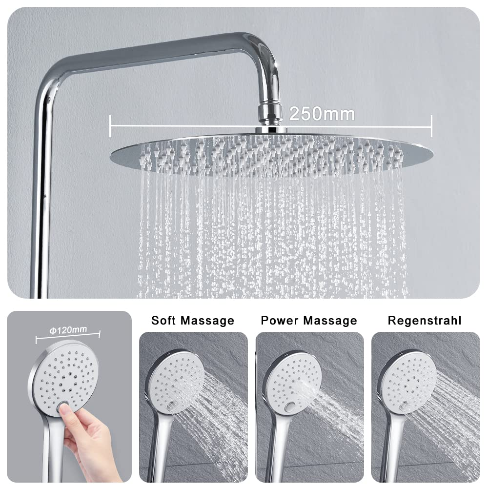 Chrom-Duschkopf mit Maßen, spritzt Wasser, begleitet von einer kleineren Handbrause mit Strahlarten.