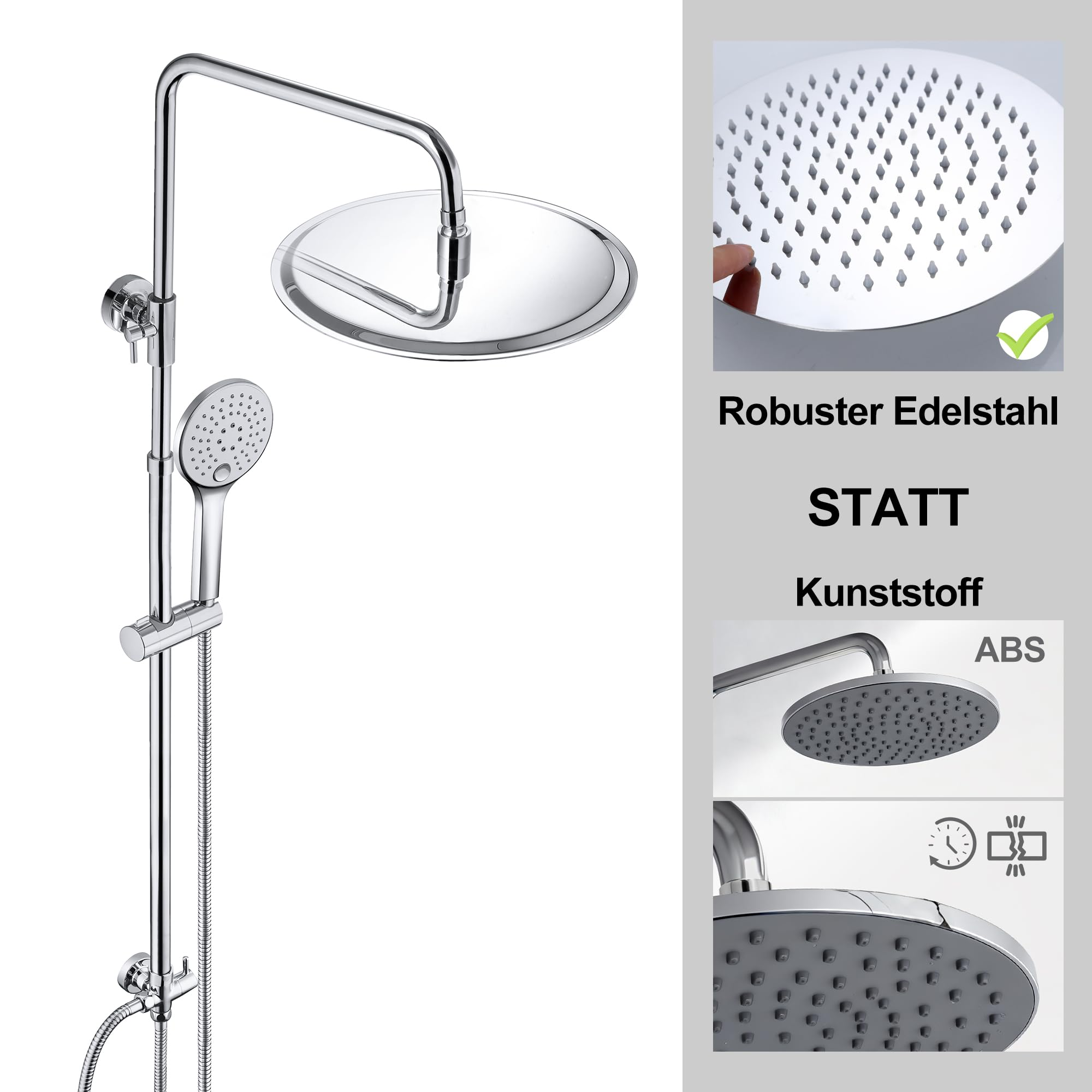 Glänzendes Edelstahl-Duschsystem mit großer Regendusche und Handbrause.