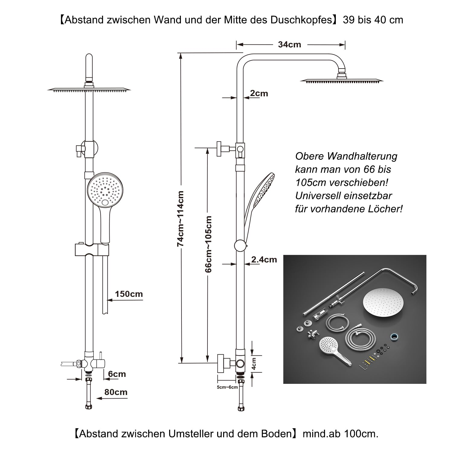 Technische Zeichnung eines Duschsystems mit Maßangaben und Produktfoto.