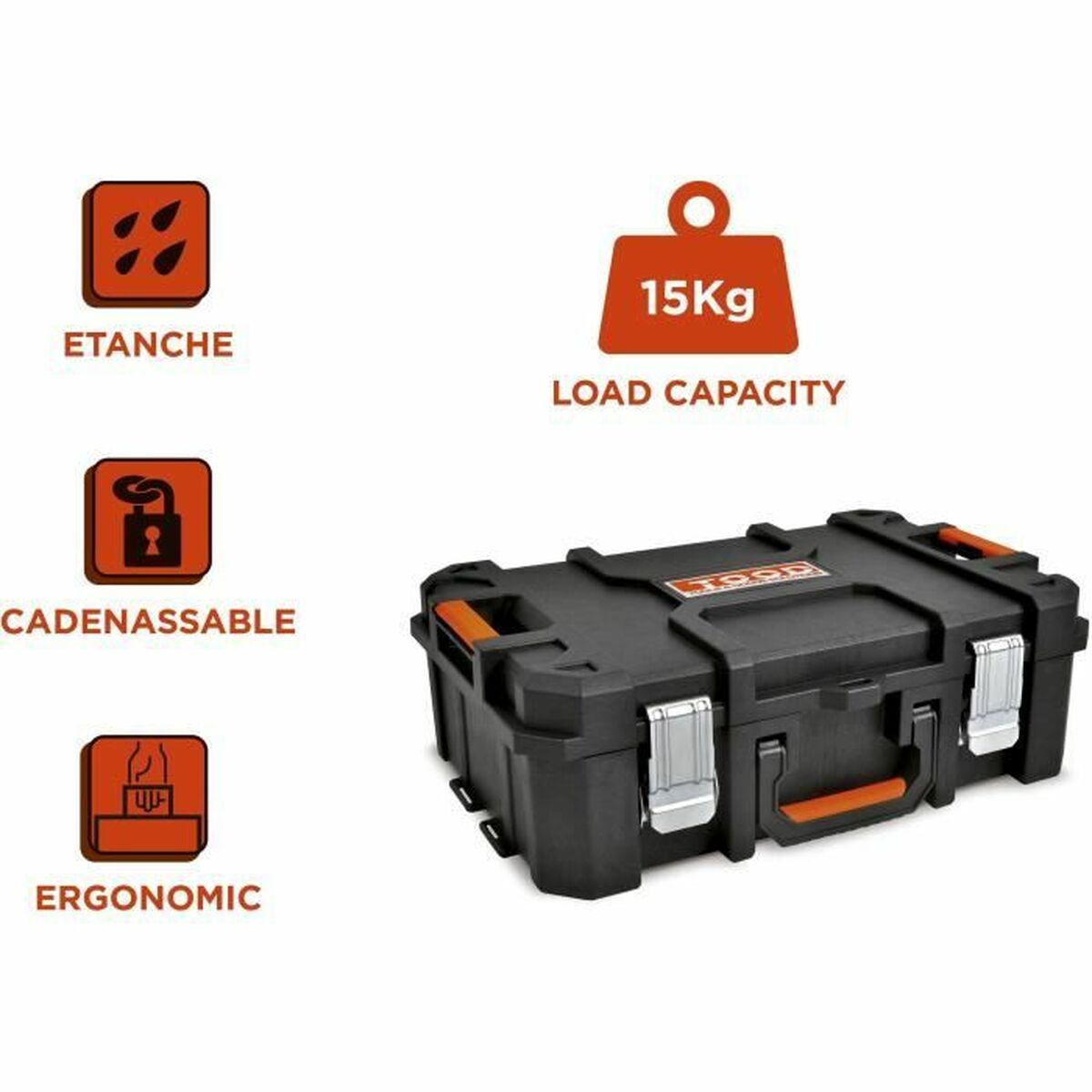 Schwarze Werkzeugkiste aus Kunststoff mit orangen Akzenten, Metallverschlüssen und Symbolen für wasserdicht, abschließbar und ergonomisch.