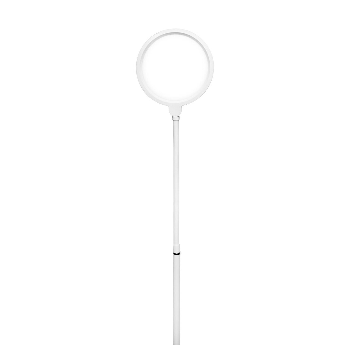 Eine weiße Ringlampe auf einem langen, verstellbaren Ständer vor weißem Hintergrund.