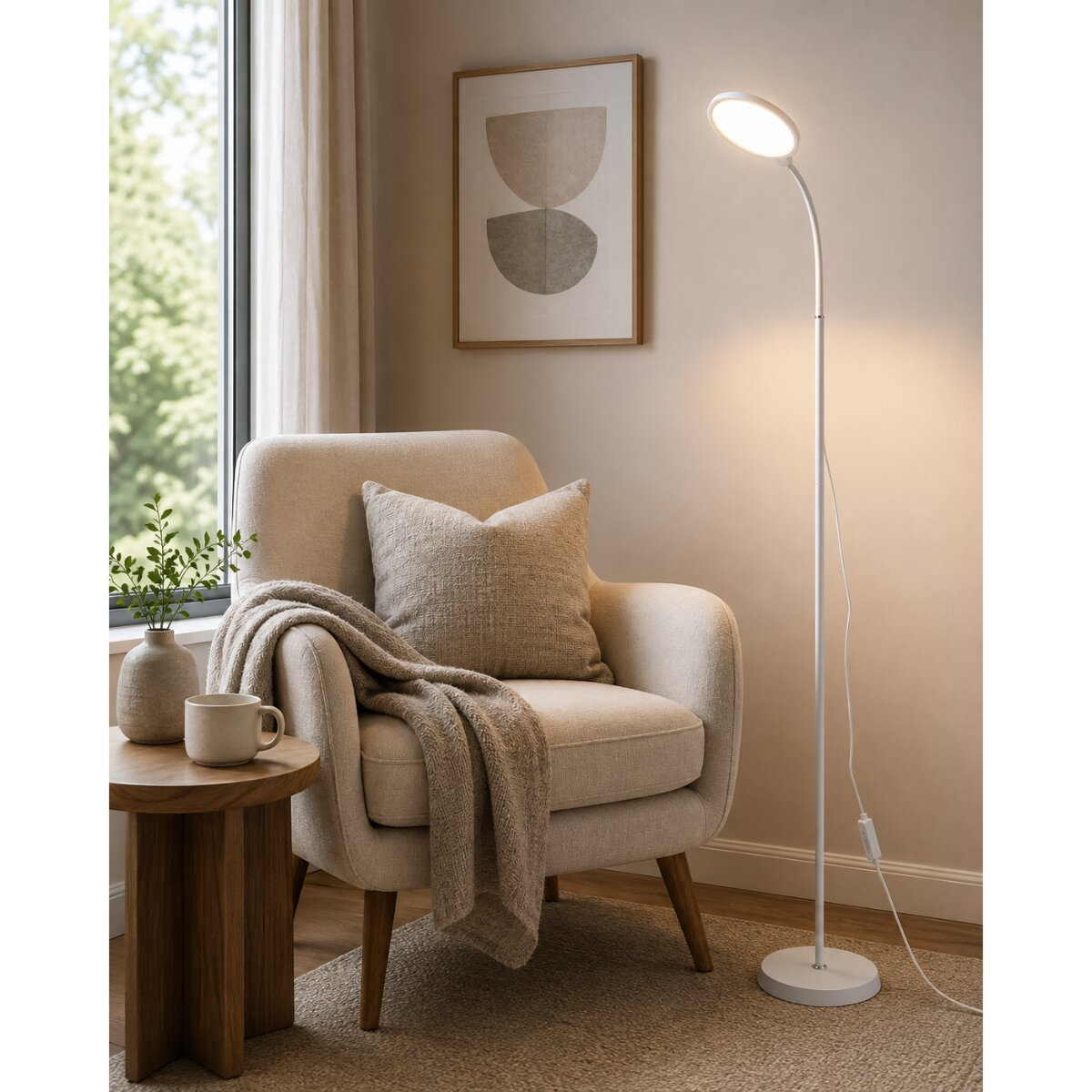 Gemütlicher Sessel mit Decke, Kissen und heller Stehlampe in einem modernen Wohnzimmer.