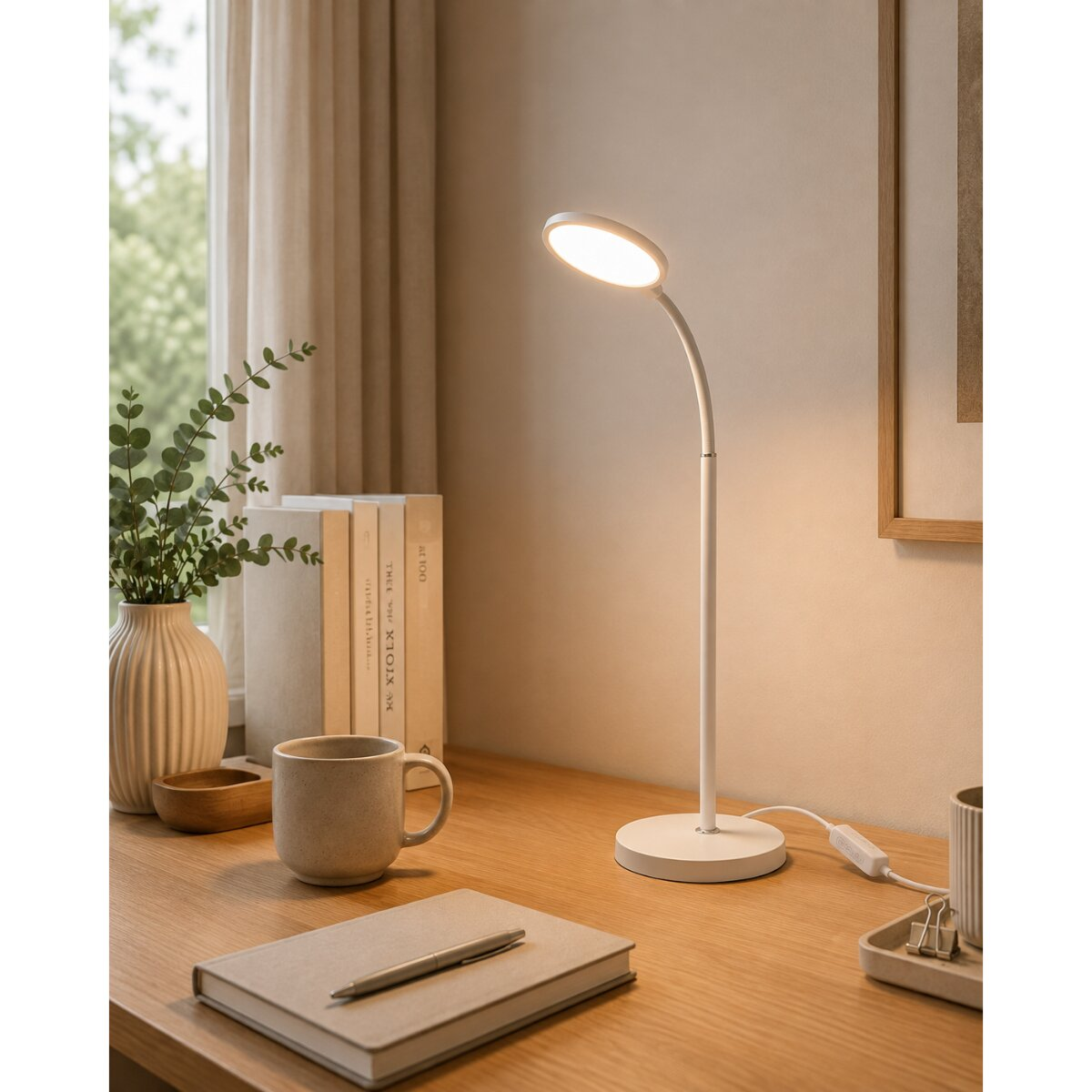 Eine weiße LED-Schreibtischlampe beleuchtet einen Holztisch mit Notizbuch, Stift, Tasse und Pflanze.