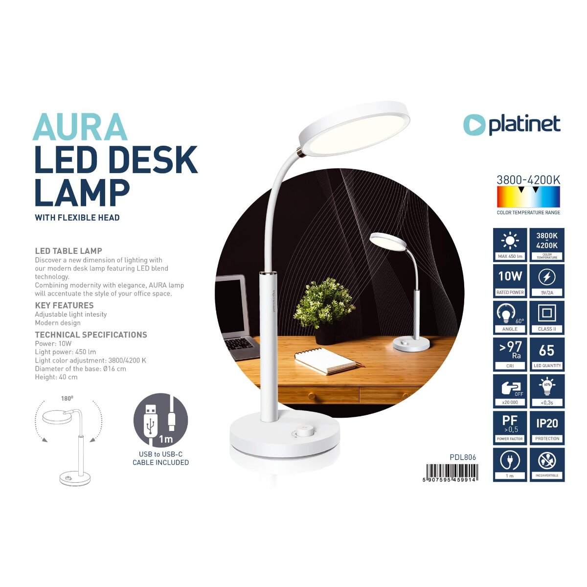 Eine weiße Platinet AURA LED-Schreibtischlampe mit flexiblem Kopf, technischen Daten und Produktmerkmalen auf Werbematerial.