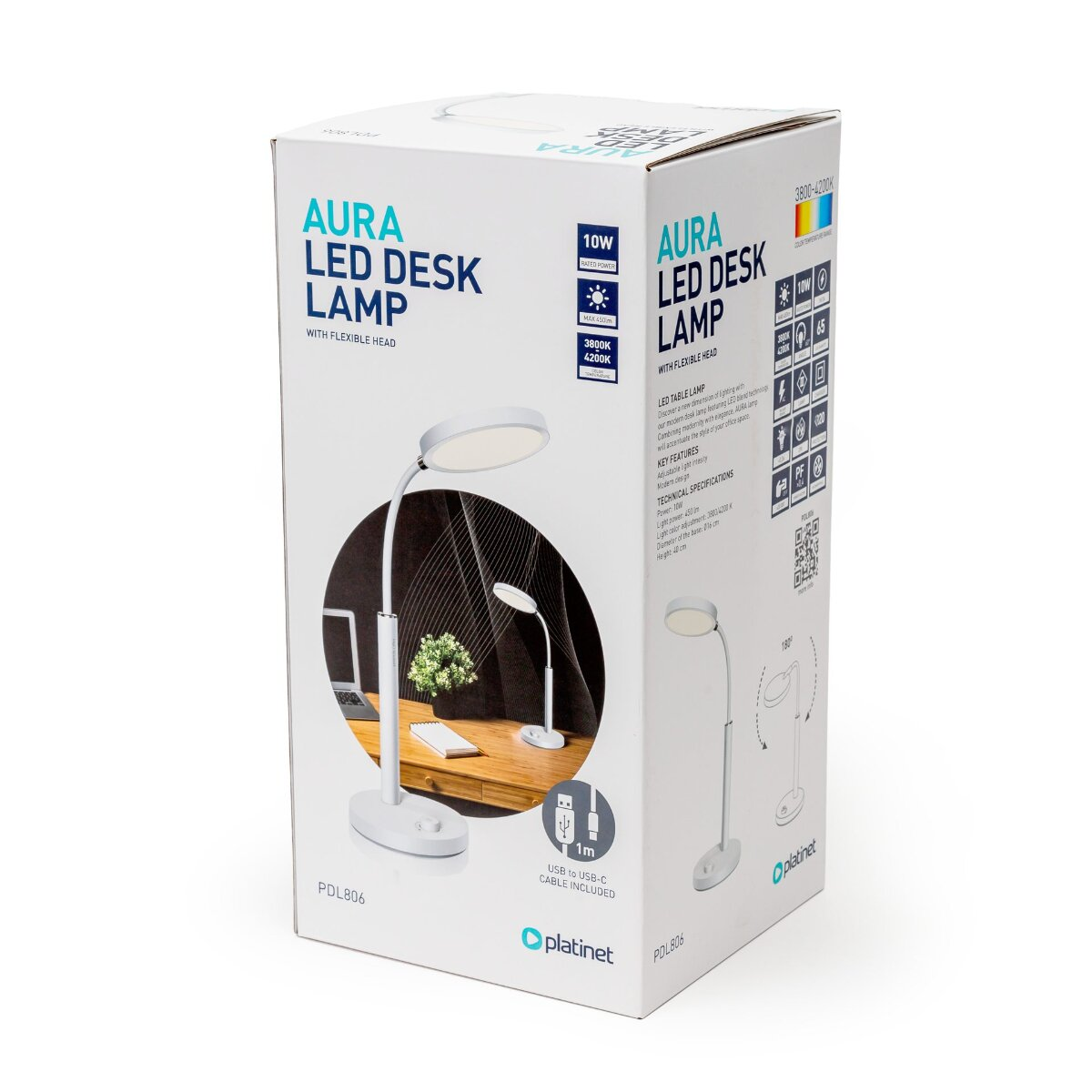 Produktverpackung einer weißen Aura LED-Schreibtischlampe mit flexuellem Kopf und technischen Details auf dem Karton.