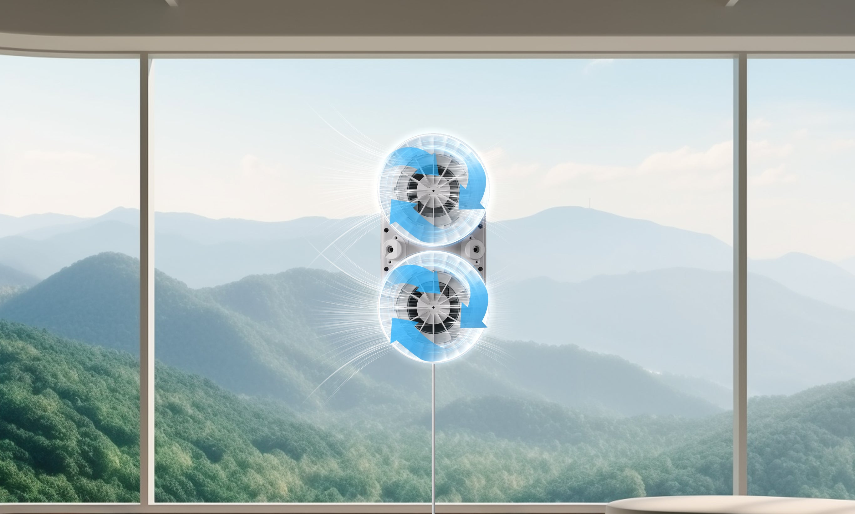 A window cleaning robot with two rotating brushes cleans a glass wall before a mountain landscape.