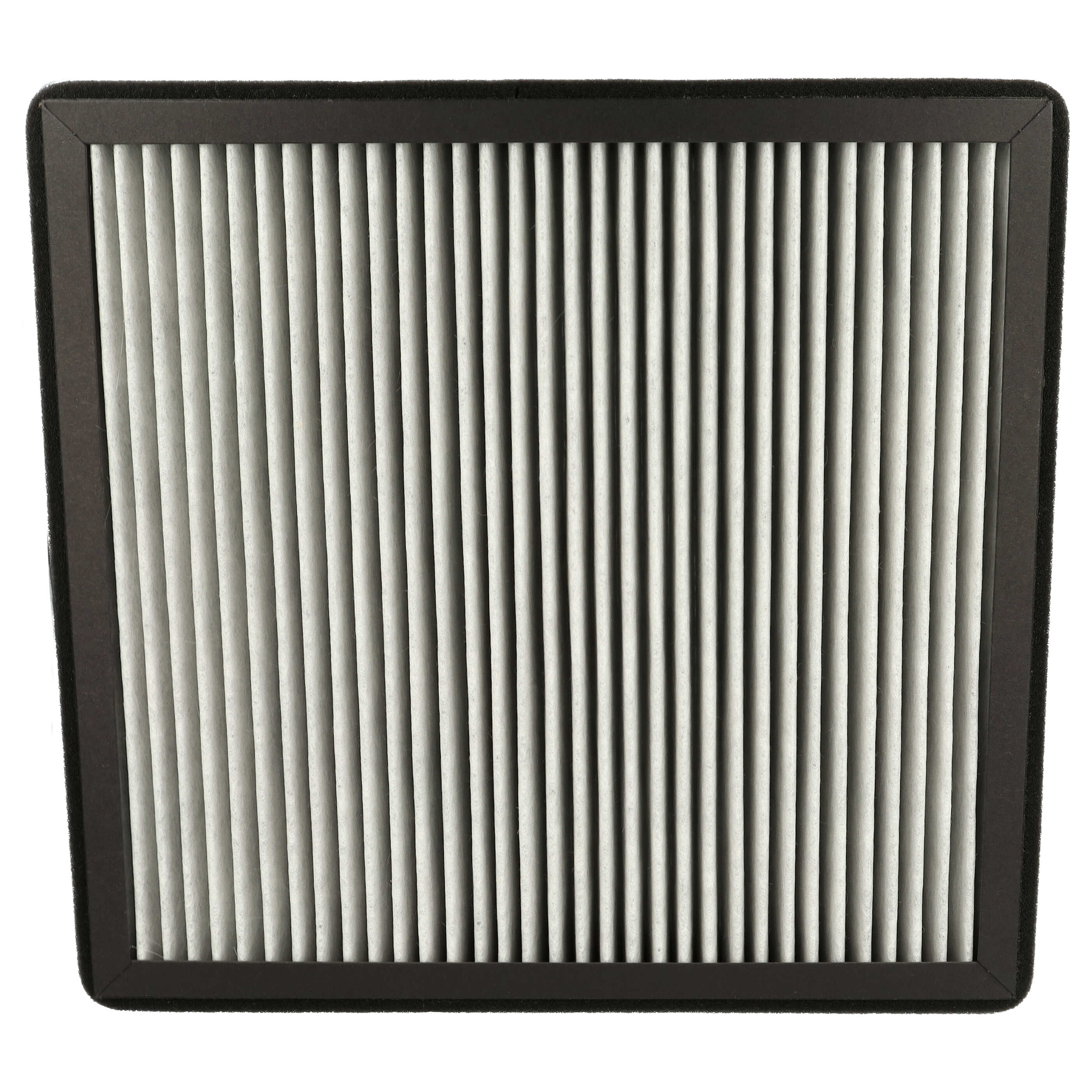 Ein quadratischer Luftfilter mit weißen Plissees und einem schwarzen Rand auf weißem Hintergrund.