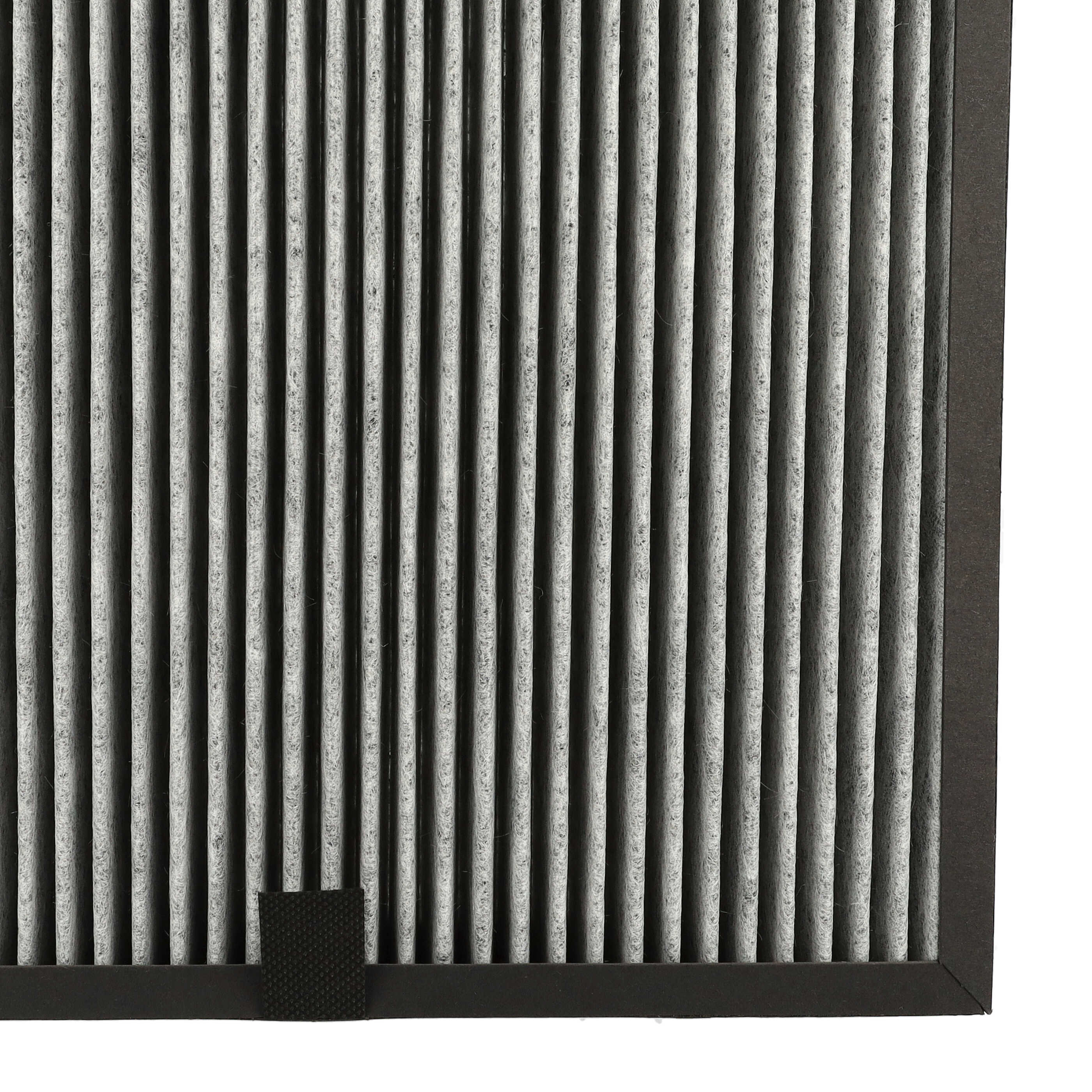 Nahaufnahme eines grauen, gefalteten Luftfilters mit schwarzem Rand.