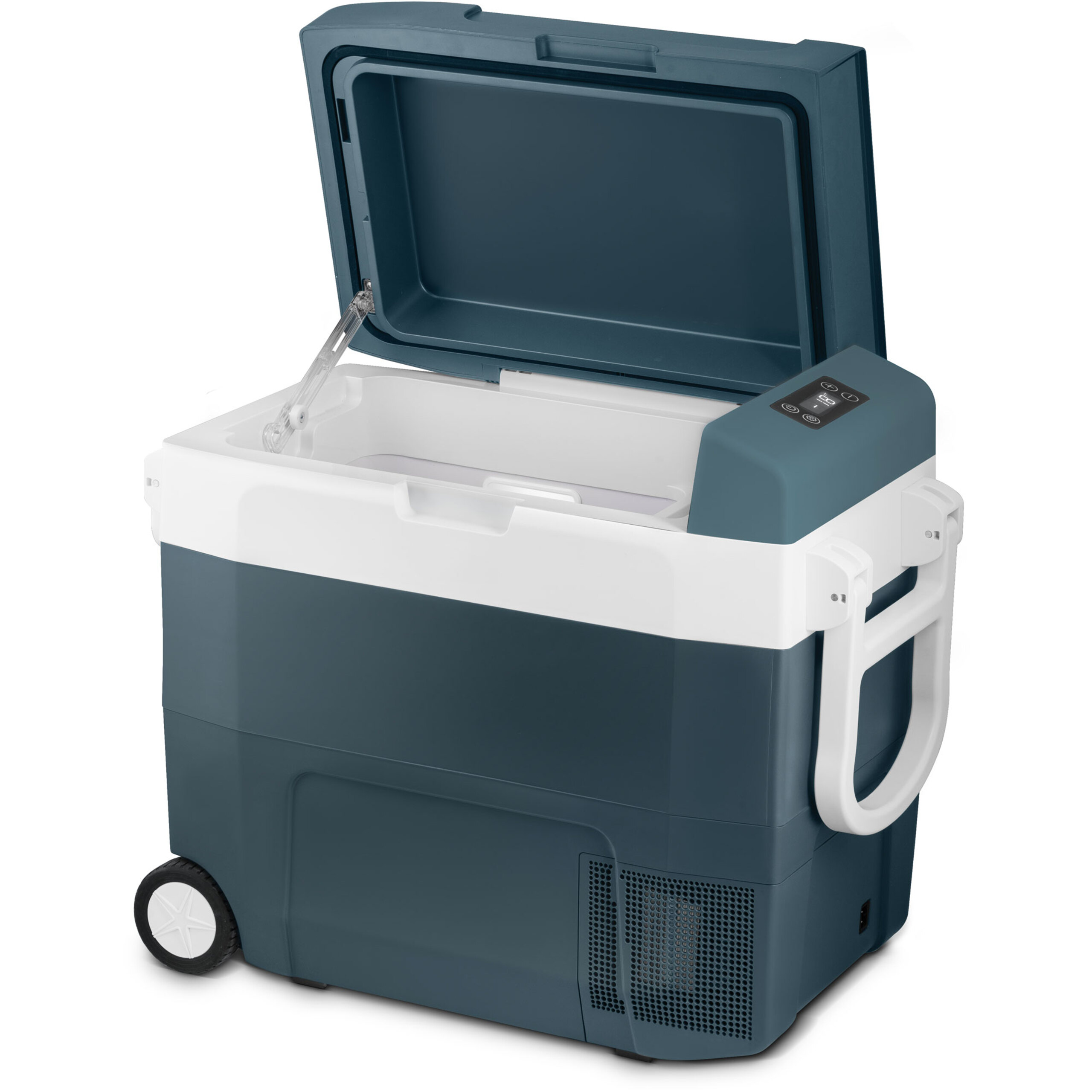 Blau-weiße Kühlbox mit geöffnetem Deckel, weißem Griff und Rädern vor weißem Hintergrund.