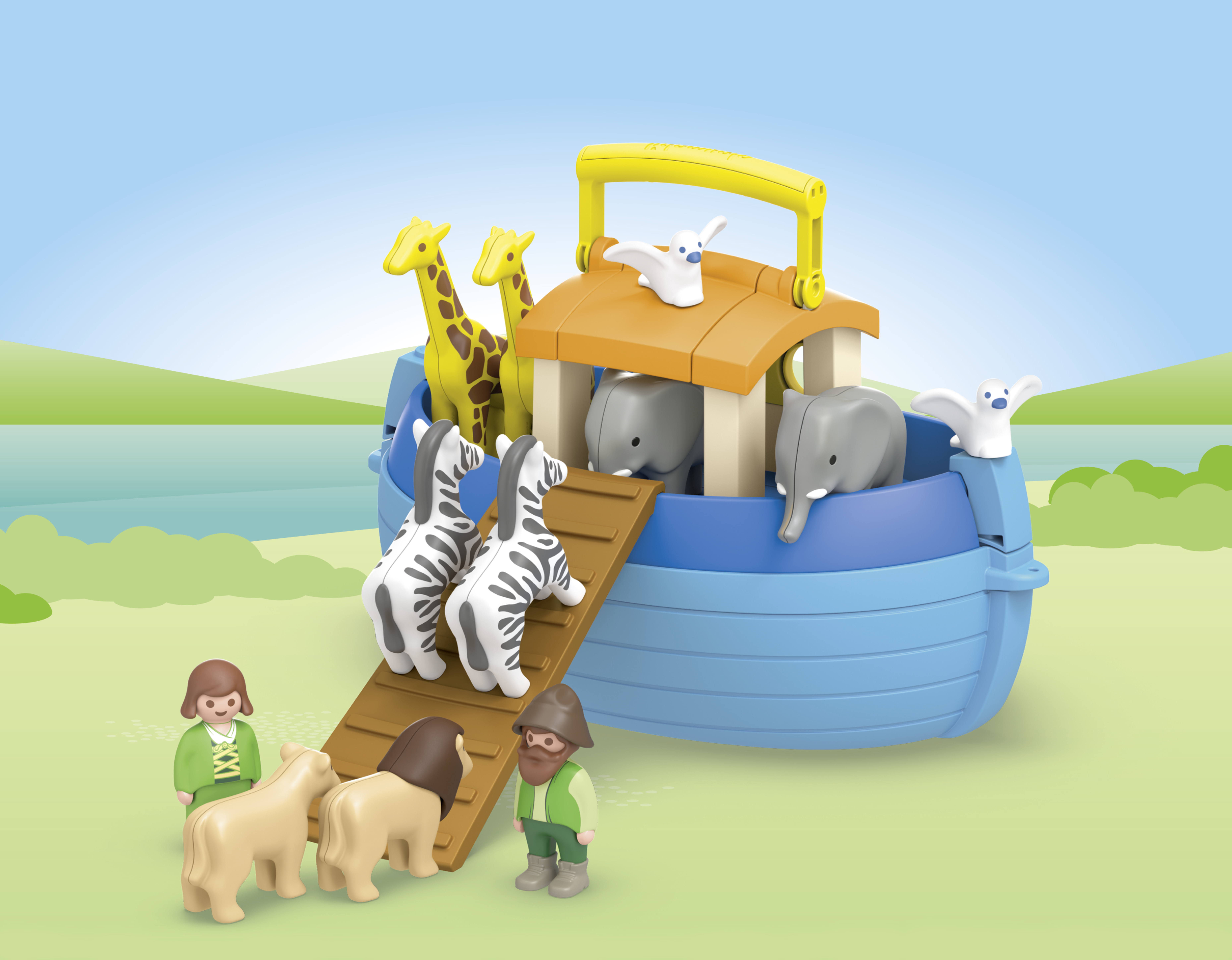 Playmobil Noah's Ark toy with plastic figures of humans, zebras, giraffes, elephants, lions, and doves.