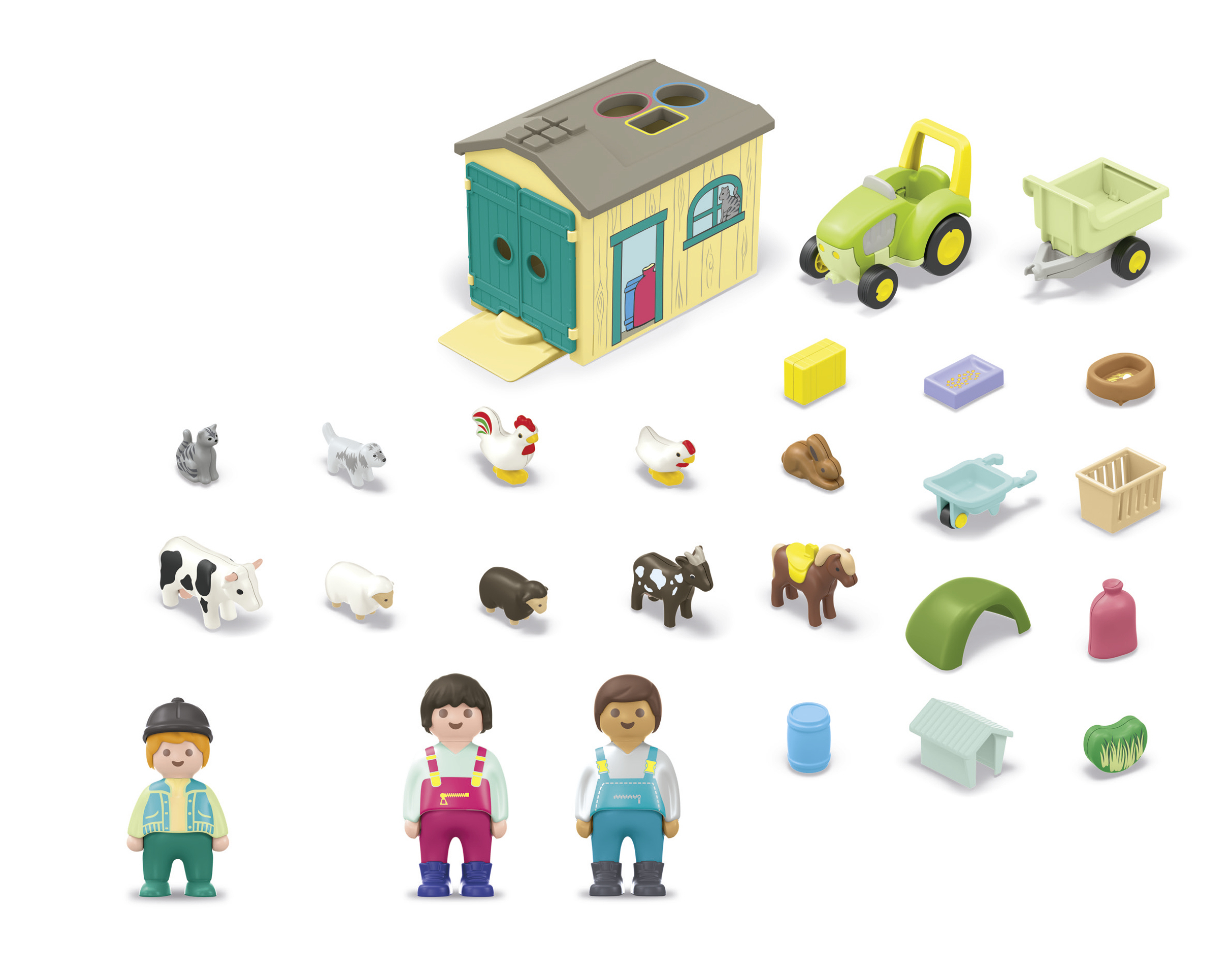 A farm playset with figures, animals, yellow building, tractor, and accessories on a white background.