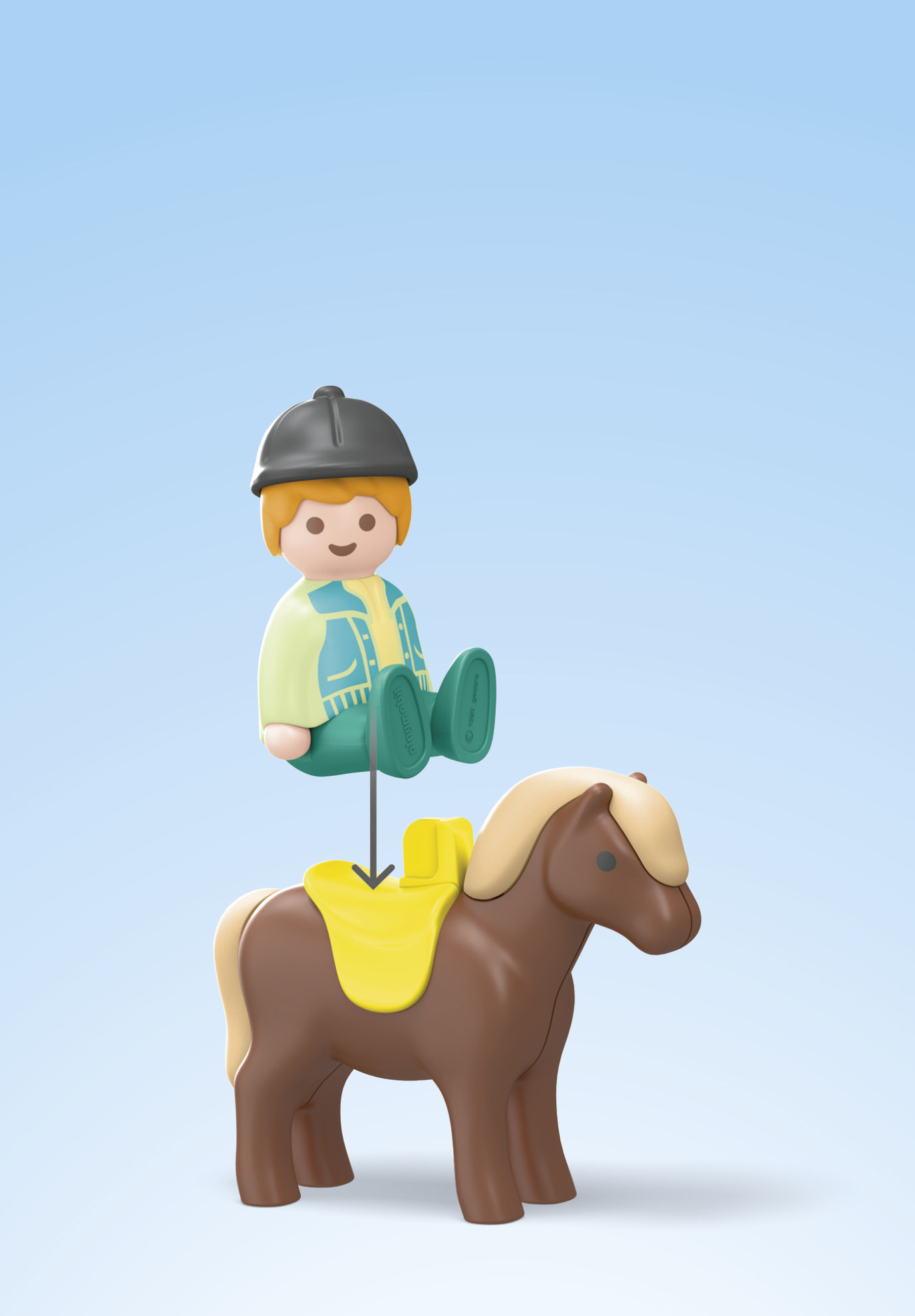 A Playmobil figure in riding gear hovers above a brown toy pony with a yellow saddle.