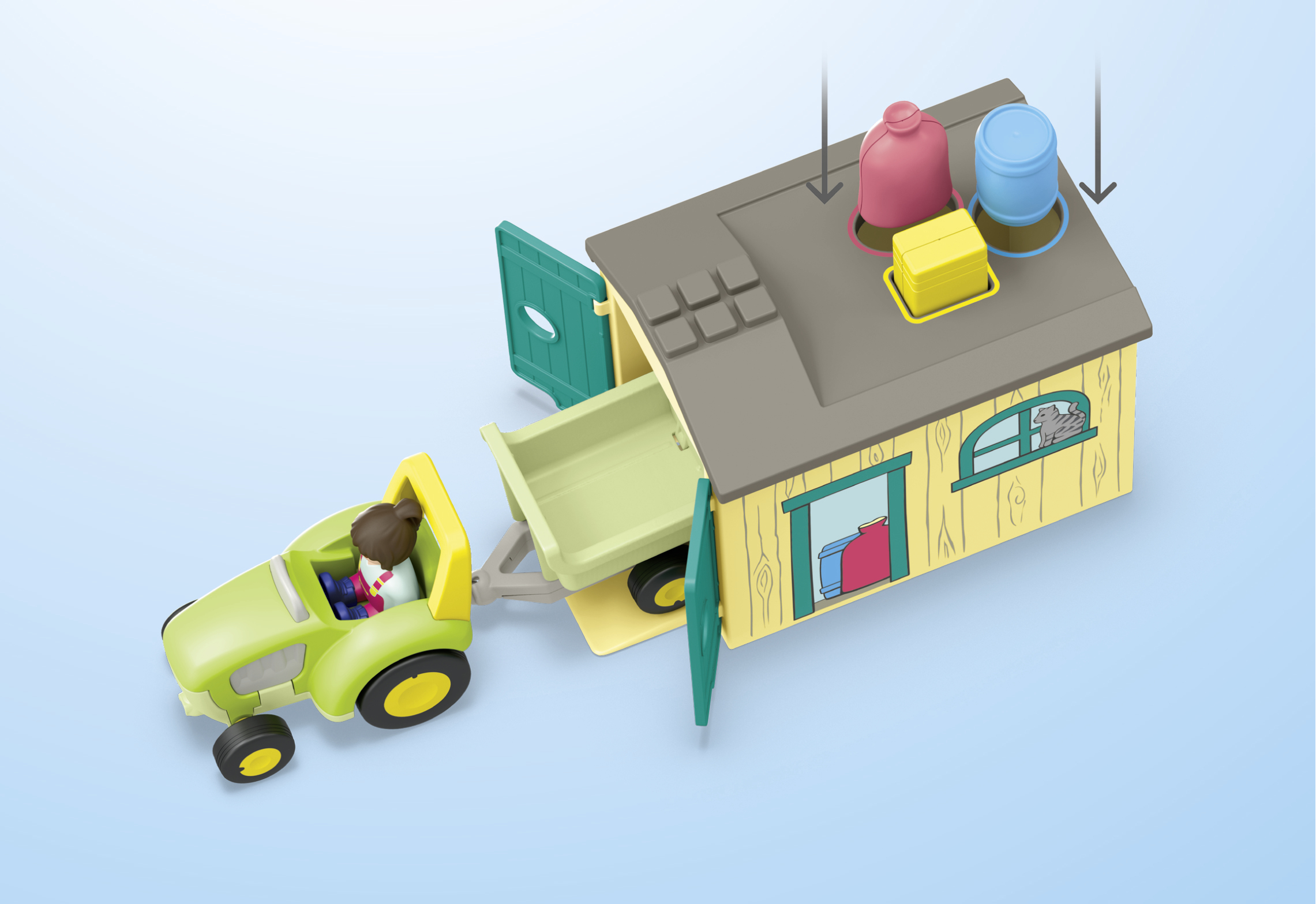 A green toy tractor with trailer stands before a yellow farmhouse with grey roof and colorful shape-sorter pieces.