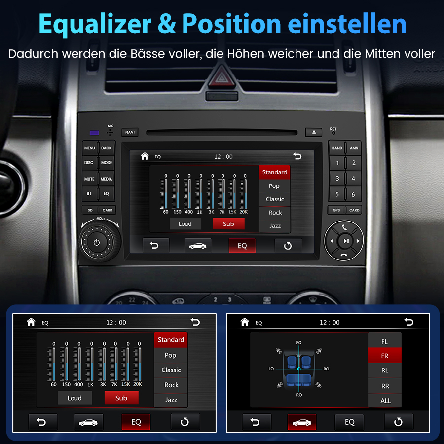 Autoradio mit Equalizer-Einstellungen auf dem Bildschirm.
