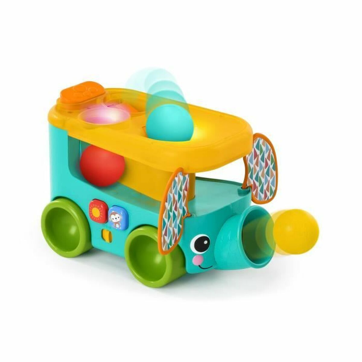 Buntes Elefanten-Spielzeug mit grünen Rädern, gelber Ablage und bunten Bällen, die herausspringen.
