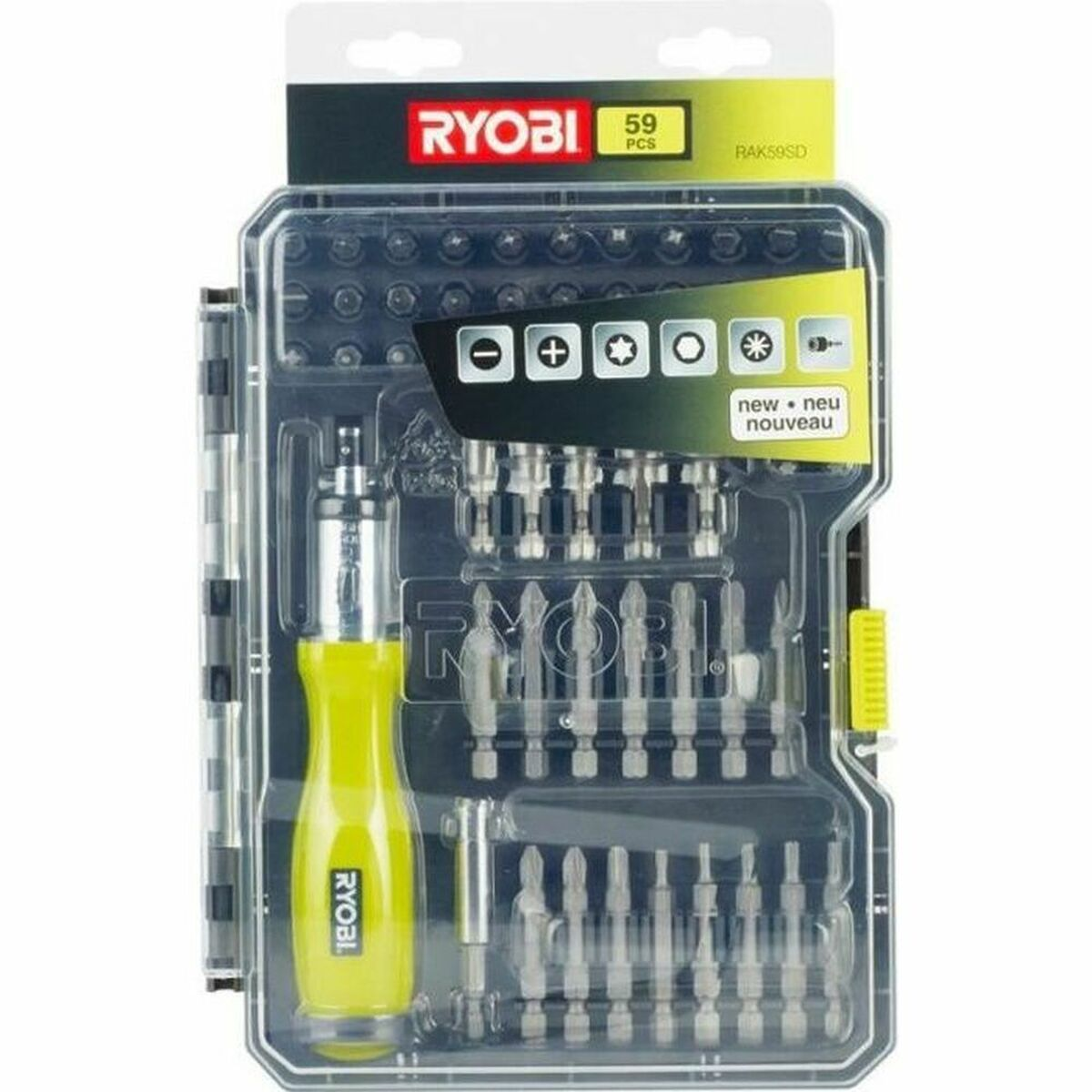 Ryobi 59-teiliges Schraubendreher- und Bit-Set im transparenten Koffer mit gelbem Griff.
