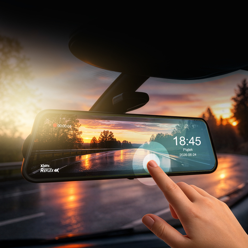 Hand berührt Autokamera-Bildschirm mit Sonnenuntergangszene.