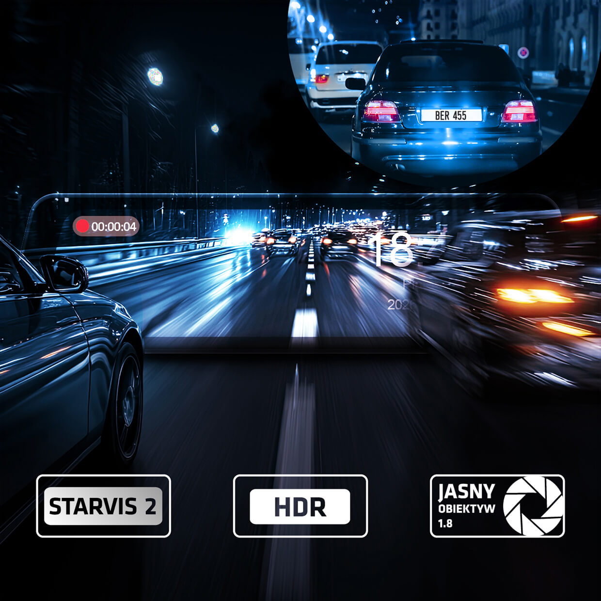Nachtaufnahme einer Dashcam zeigt helle Autos auf einer Autobahn und Textsymbole.