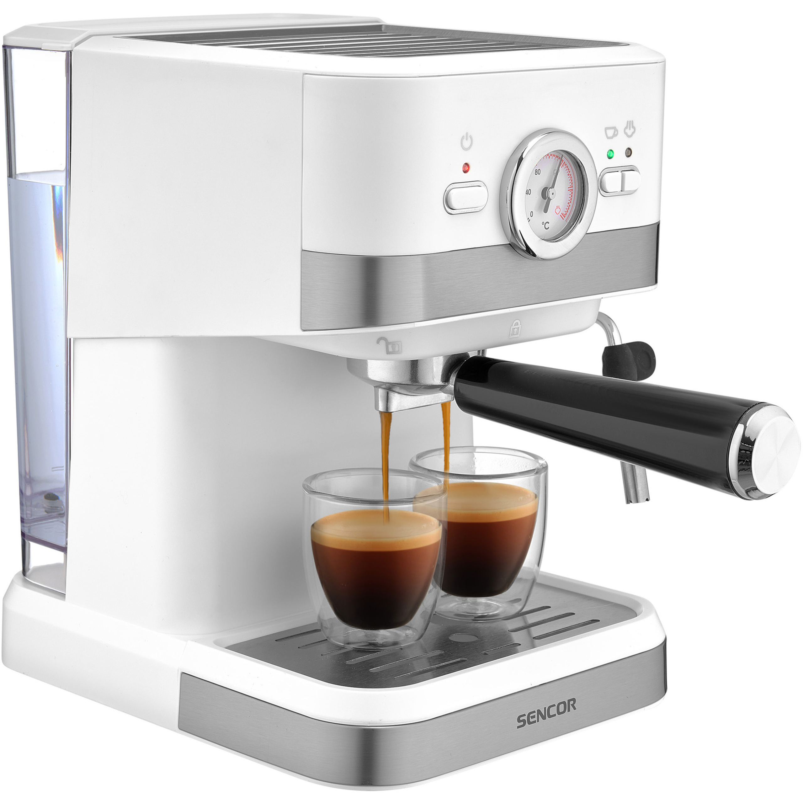 Eine weiße Sencor Espressomaschine brüht zwei Tassen Kaffee, mit Manometer und Dampfdüse.