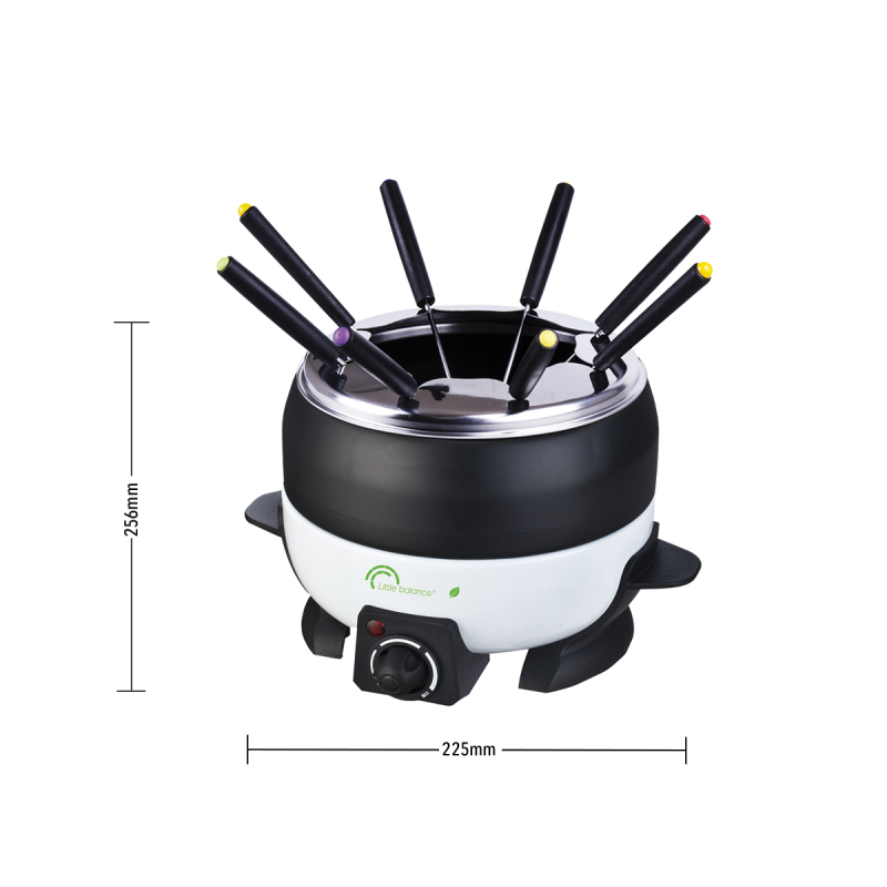 Schwarzes und weißes Fondue-Set mit sechs bunten Gabeln und Abmessungen von 256 mm Höhe und 225 mm Breite.