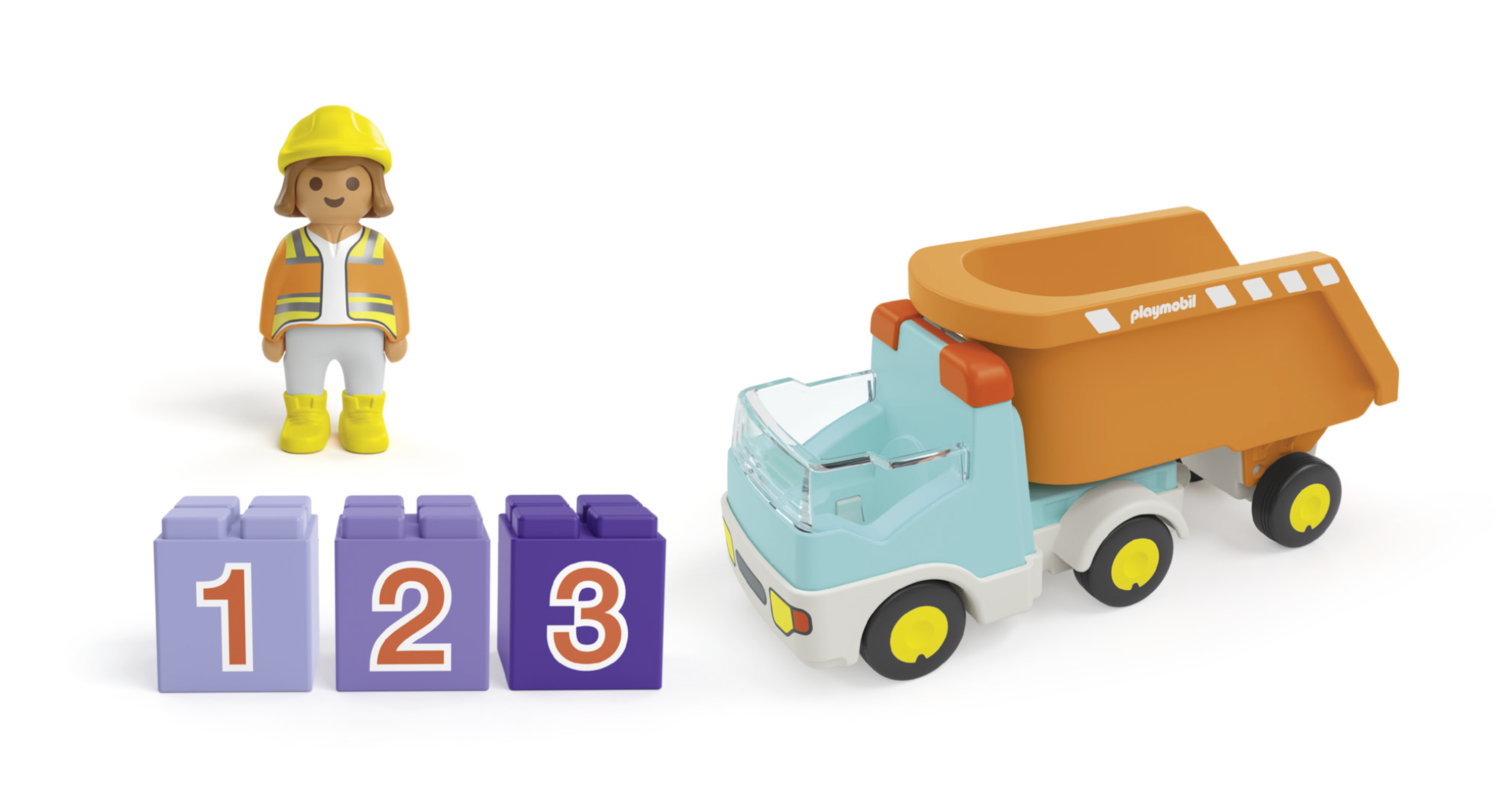 Toy dump truck, construction worker figure, and blocks with numbers 1, 2, and 3 on white background.