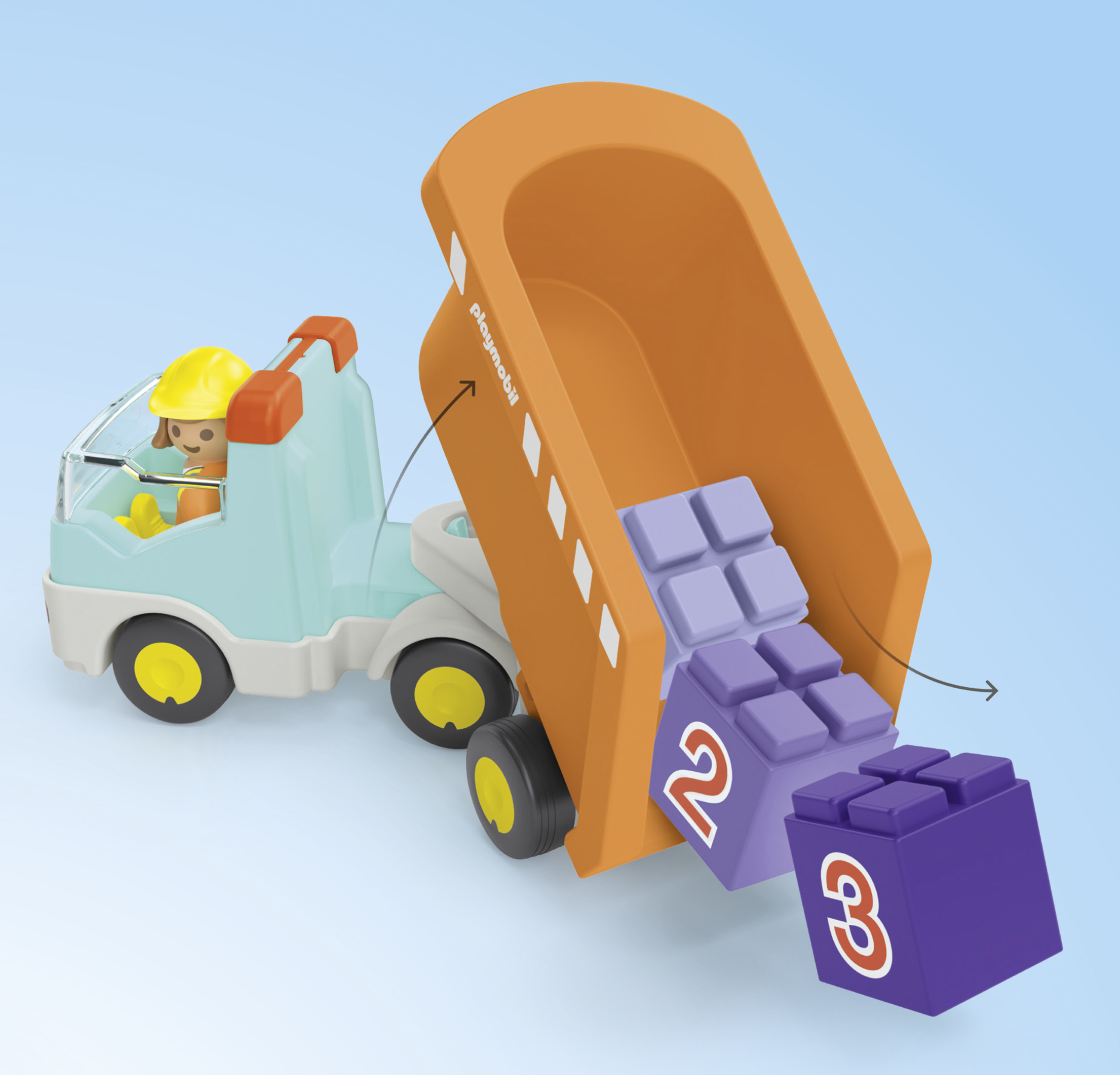 A light blue toy dump truck with a driver unloads purple numbered blocks.