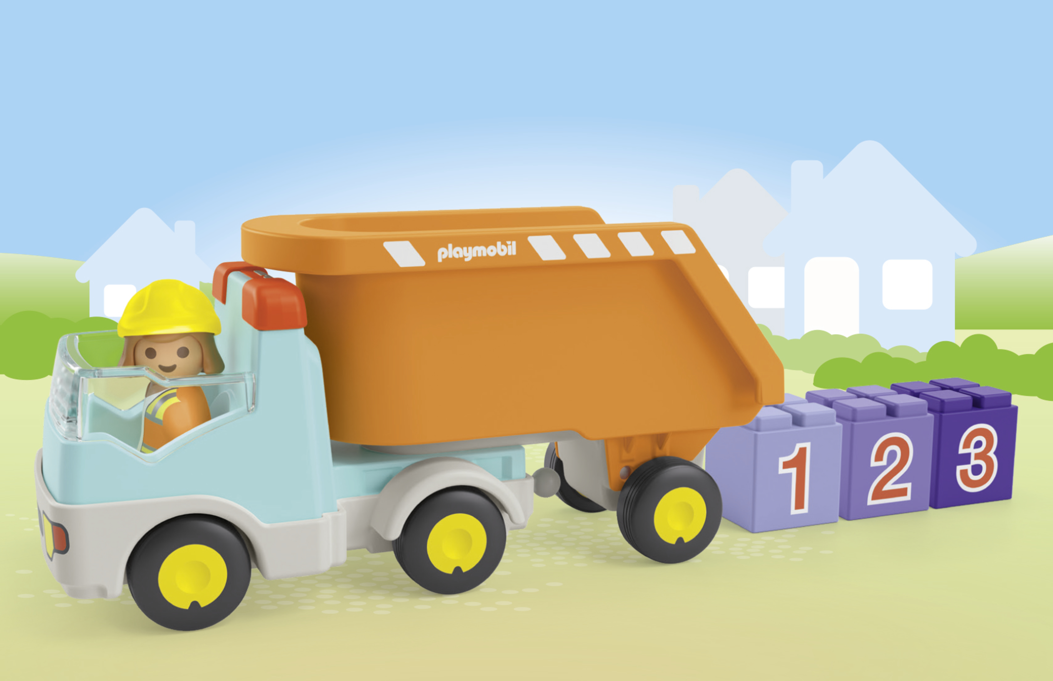 Playmobil dump truck with a yellow helmet driver and three purple numbered blocks behind it.