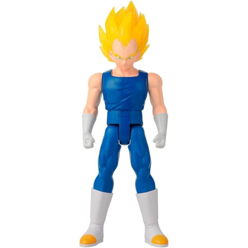 Figura akcji Super Saiyan Vegeta w niebieskiej zbroi z żółtymi włosami na białym tle.