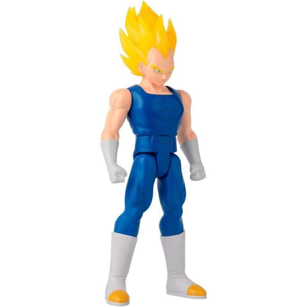 Figurka akcji Super Saiyan Vegeta z kolczastymi żółtymi włosami, niebieskim garniturem, białymi rękawiczkami i biało-żółtymi butami.