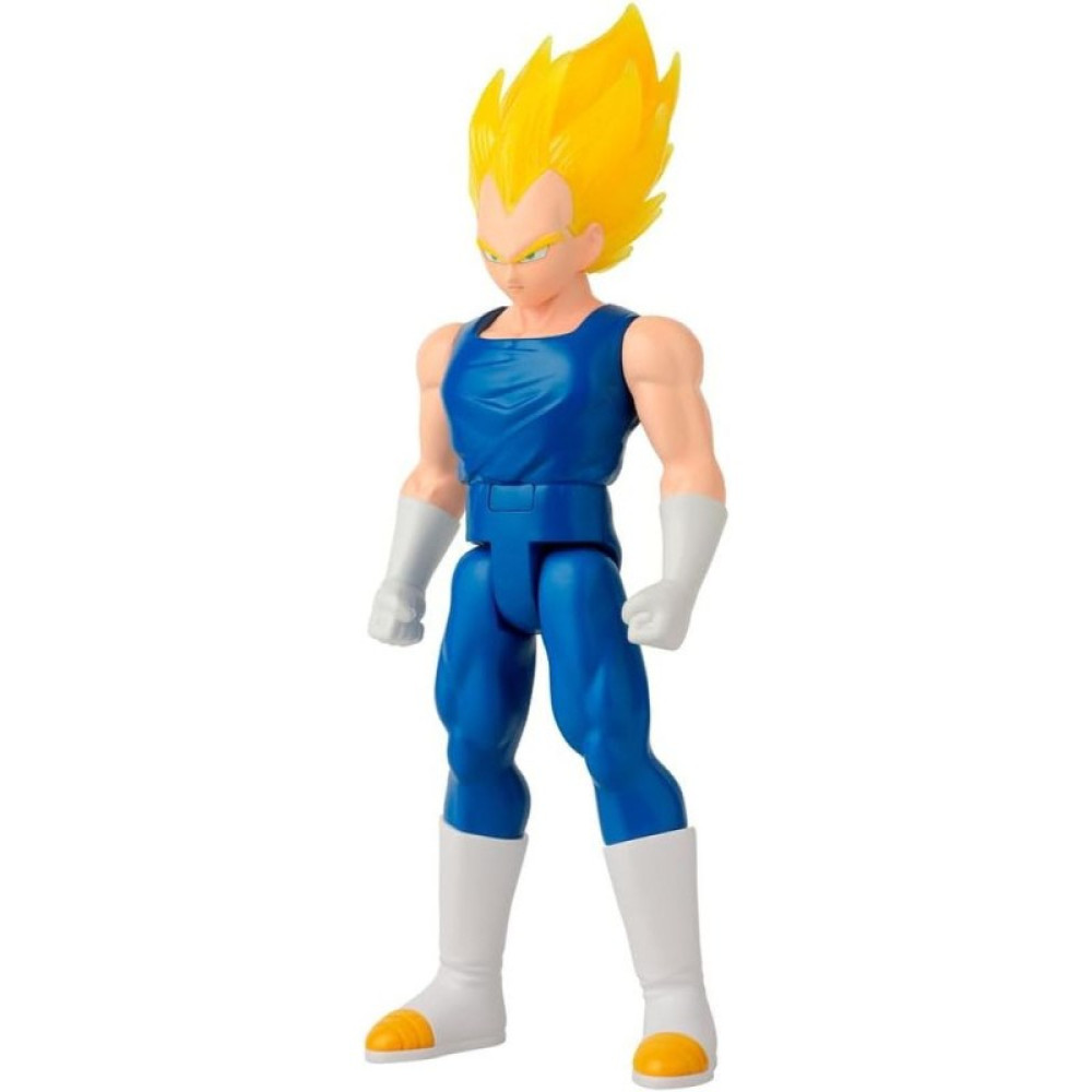 Figurka akcji Super Saiyan Vegeta w niebieskim garniturze z białymi rękawiczkami i żółtymi włosami na białym tle.