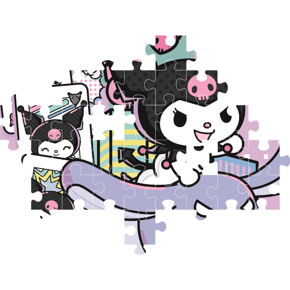 Un rompecabezas incompleto muestra al personaje de dibujos animados Kuromi con un sombrero de bufón negro y una calavera rosa.