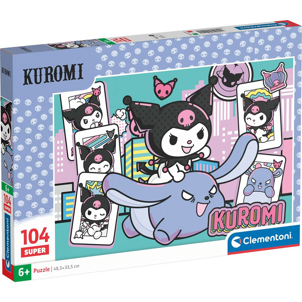 Una colorida caja de puzzle de Kuromi de 104 piezas con Kuromi montando una criatura azul.