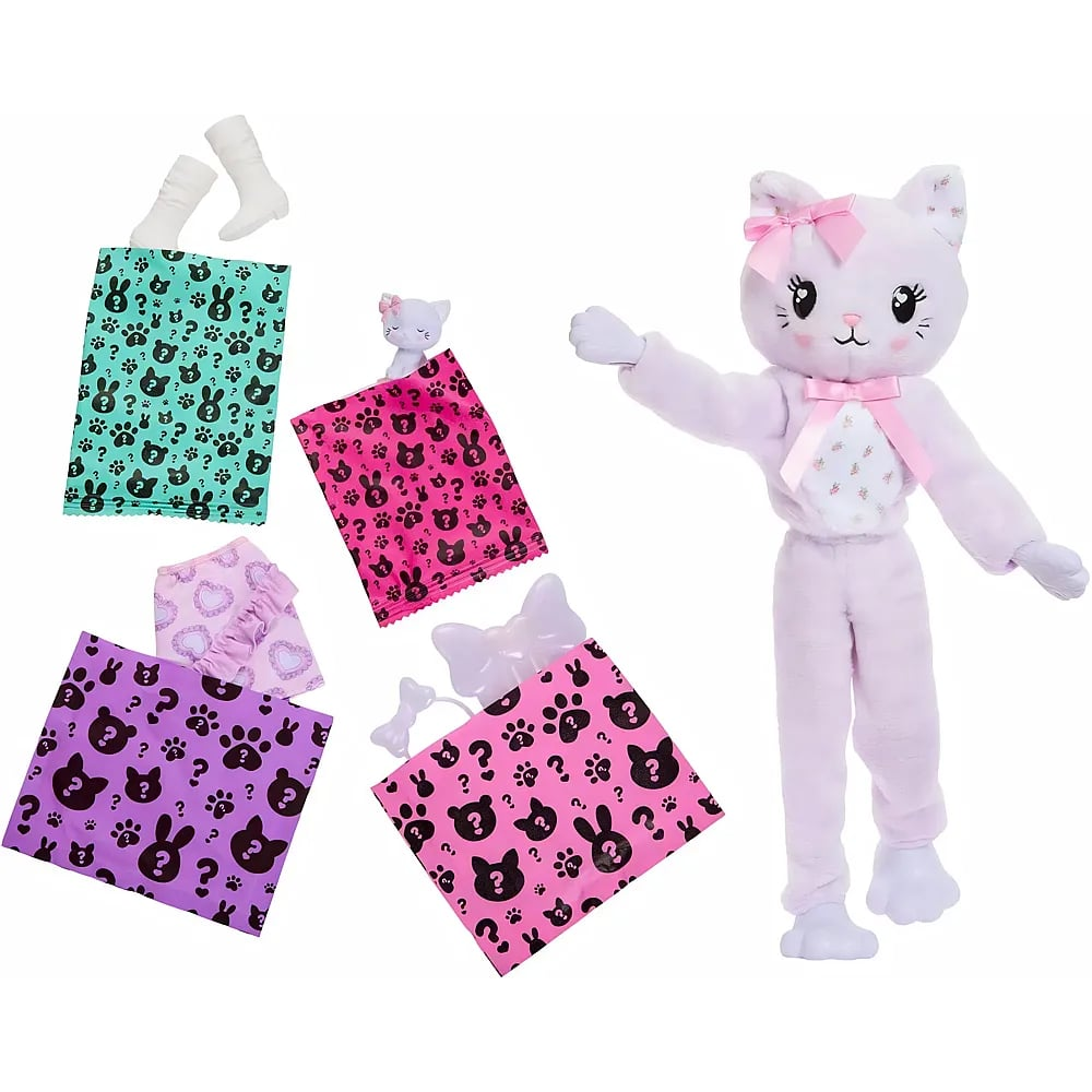 Lila Plüschkatze mit rosa Schleife und vier bunt bedruckten Überraschungstüten mit Zubehör.