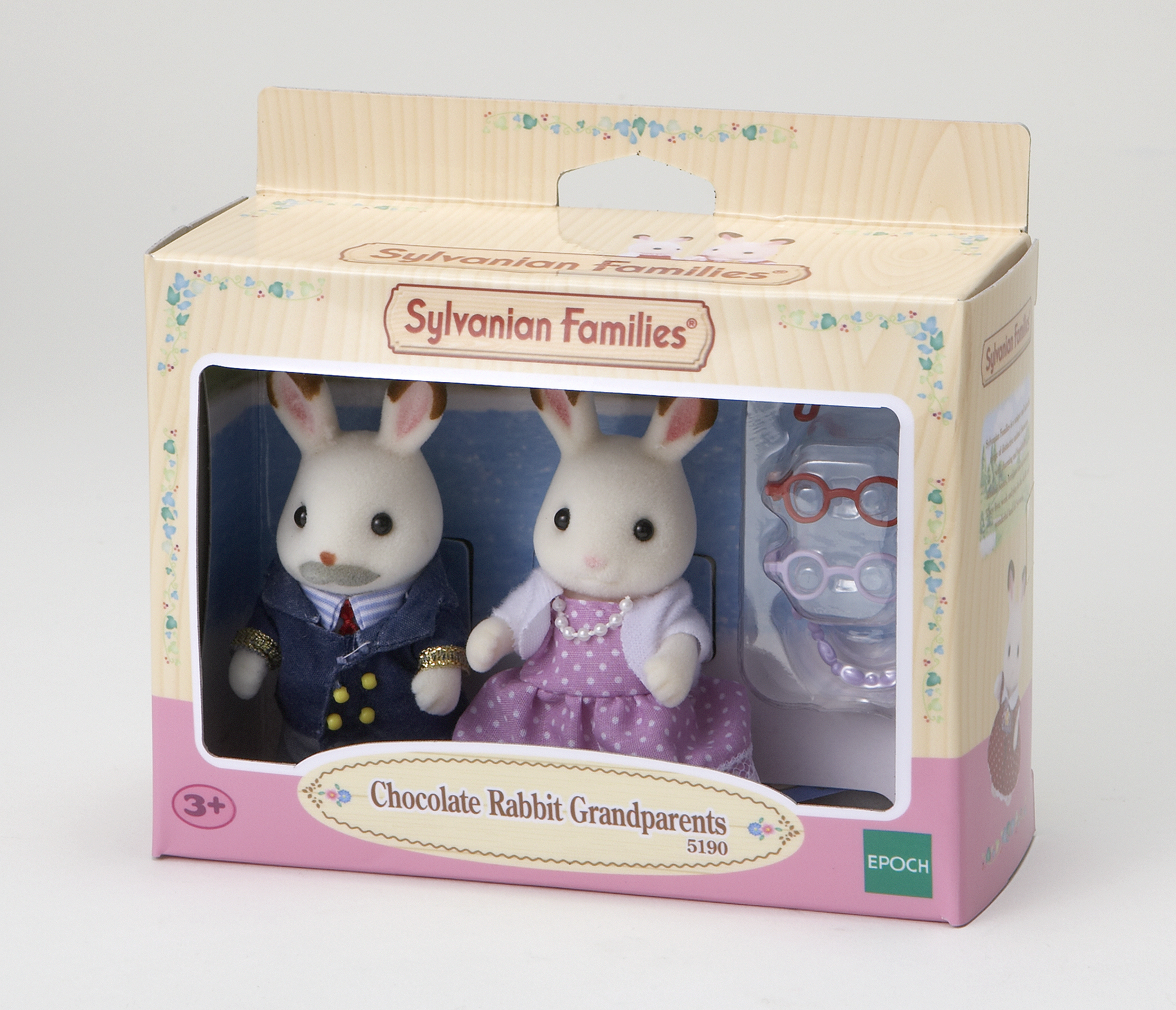 Sylvanian Families Schokoladenhasen Großeltern Spielset in Originalverpackung mit Brille und Zubehör.