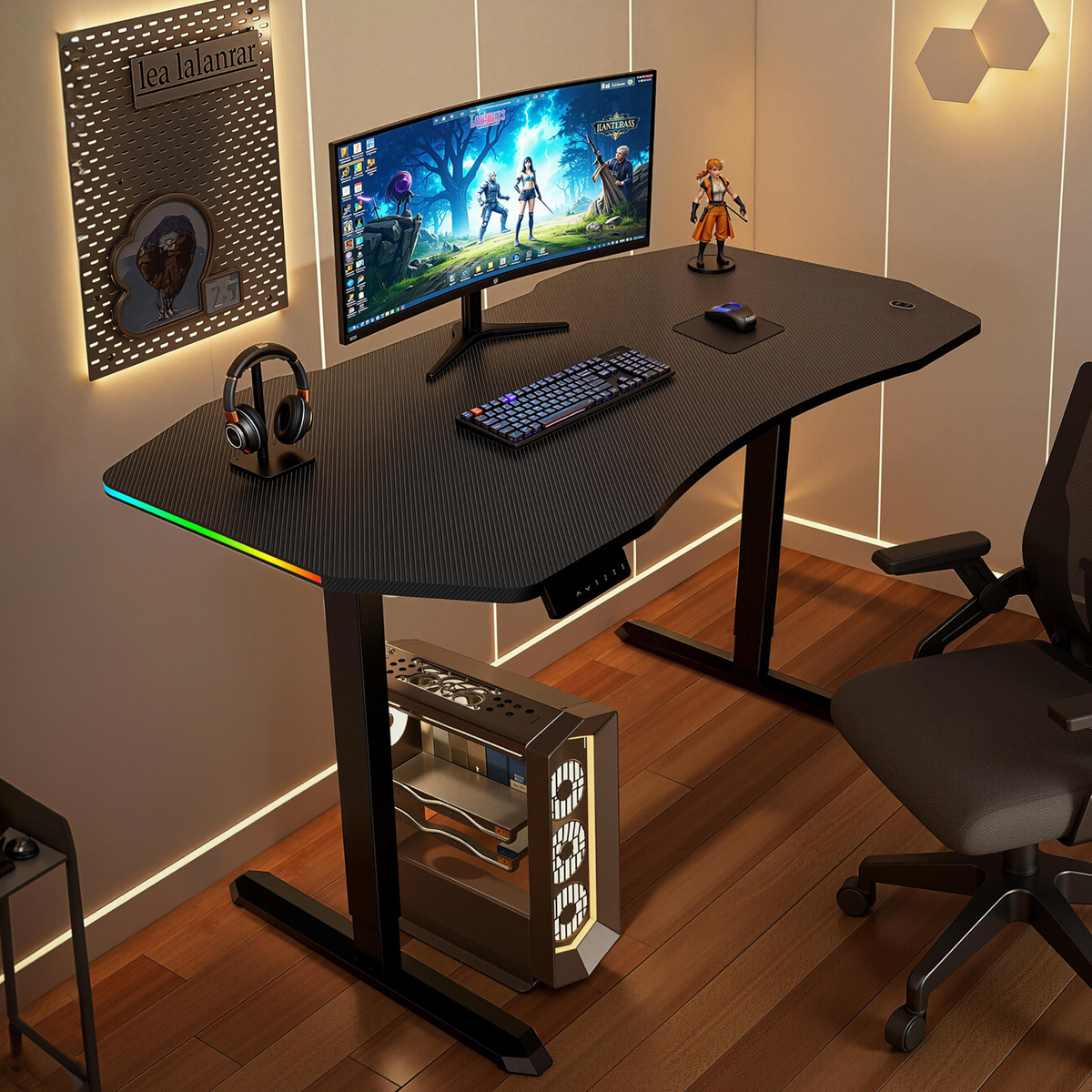 Czarne biurko dla gracza z zakrzywionym monitorem, oświetleniem RGB, klawiaturą, myszką, słuchawkami i PC.