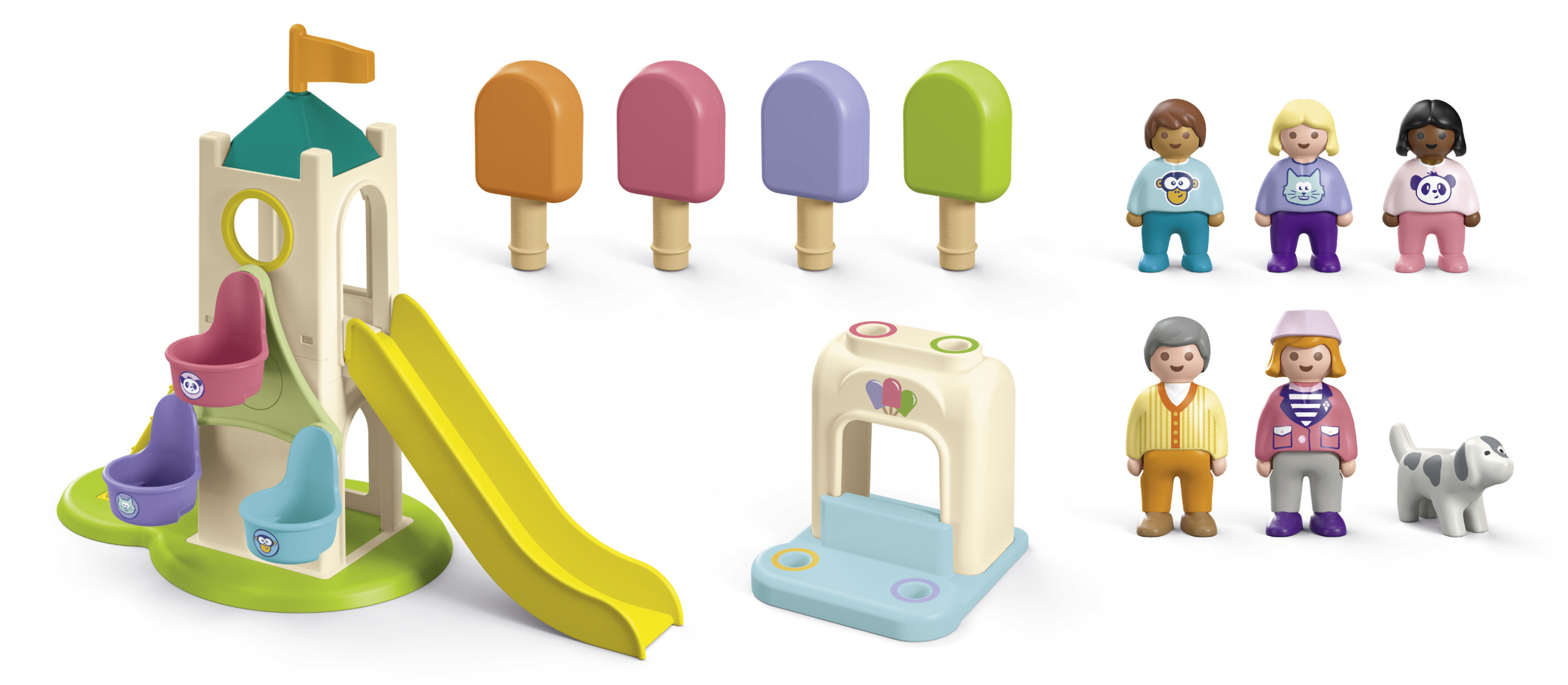 Juego de juguetes con torre, tobogán, paletas de colores, cinco figuras y un perro sobre fondo blanco.